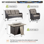 Ensemble de mobilier d'extérieur Gymojoy 4 pièces, 2 fauteuils pivotants, un canapé 3 places et une table avec foyer de 55 000 BTU