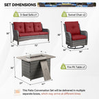Ensemble de mobilier d'extérieur Gymojoy 4 pièces, 2 fauteuils pivotants, un canapé 3 places et une table avec foyer de 55 000 BTU