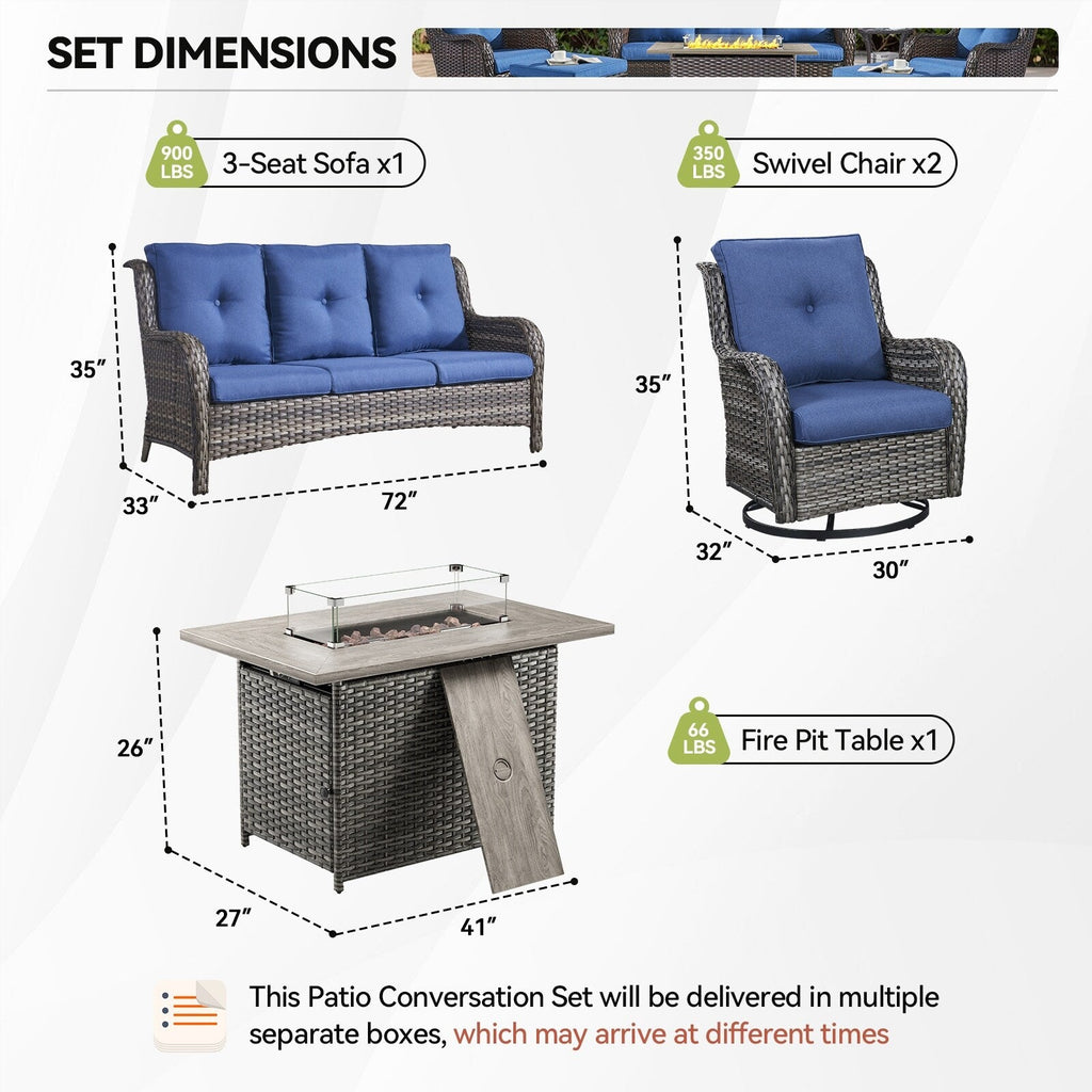 Ensemble de mobilier d'extérieur Gymojoy 4 pièces, 2 fauteuils pivotants, un canapé 3 places et une table avec foyer de 55 000 BTU