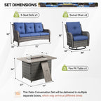 Ensemble de mobilier d'extérieur Gymojoy 4 pièces, 2 fauteuils pivotants, un canapé 3 places et une table avec foyer de 55 000 BTU