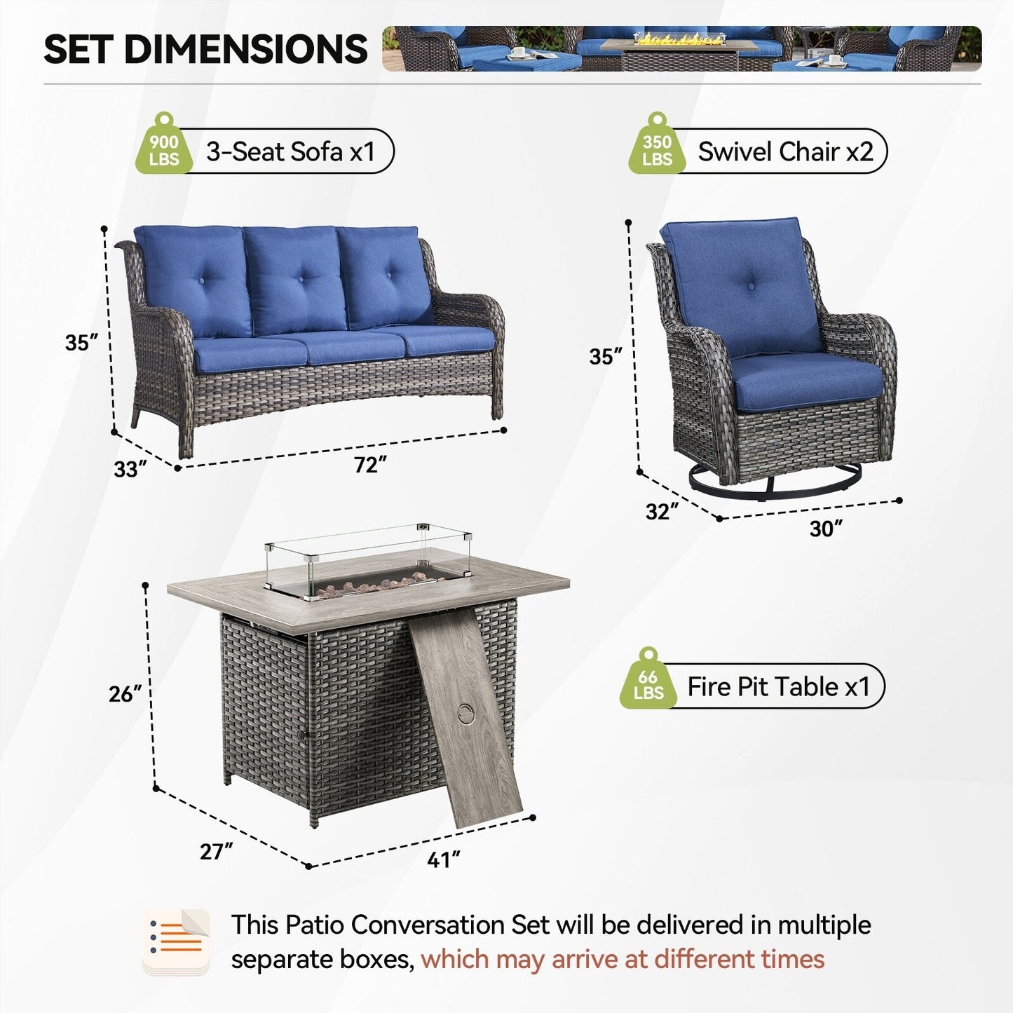 Ensemble de mobilier d'extérieur Gymojoy 4 pièces, 2 fauteuils pivotants, un canapé 3 places et une table avec foyer de 55 000 BTU