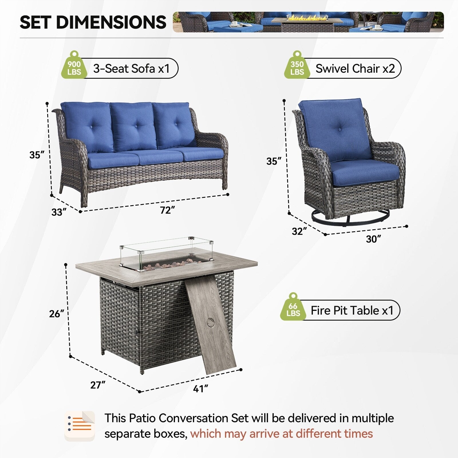 Ensemble de mobilier d'extérieur Gymojoy 4 pièces, 2 fauteuils pivotants, un canapé 3 places et une table avec foyer de 55 000 BTU