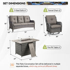 Ensemble de mobilier d'extérieur Gymojoy 4 pièces, 2 fauteuils pivotants, un canapé 3 places et une table avec foyer de 55 000 BTU