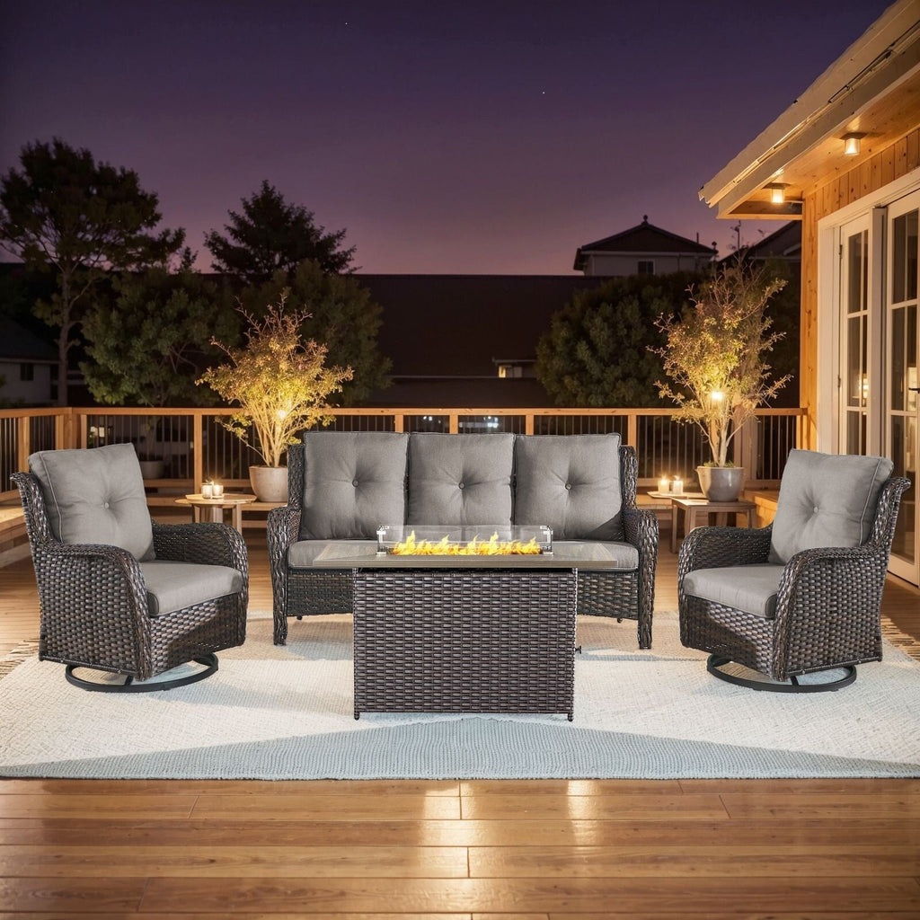 Ensemble de mobilier d'extérieur Gymojoy 4 pièces, 2 fauteuils pivotants, un canapé 3 places et une table avec foyer de 55 000 BTU