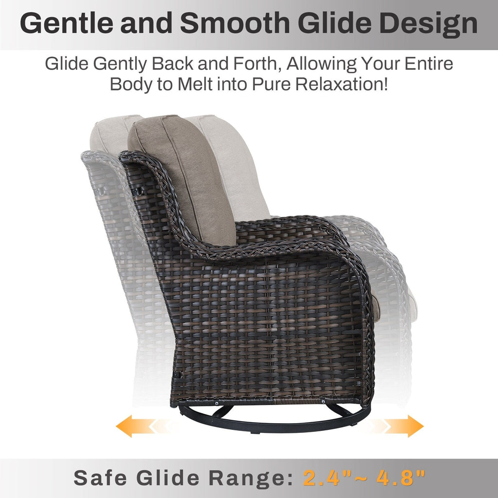 Ensemble de mobilier d'extérieur Gymojoy 4 pièces, 2 fauteuils pivotants, un canapé 3 places et une table avec foyer de 55 000 BTU
