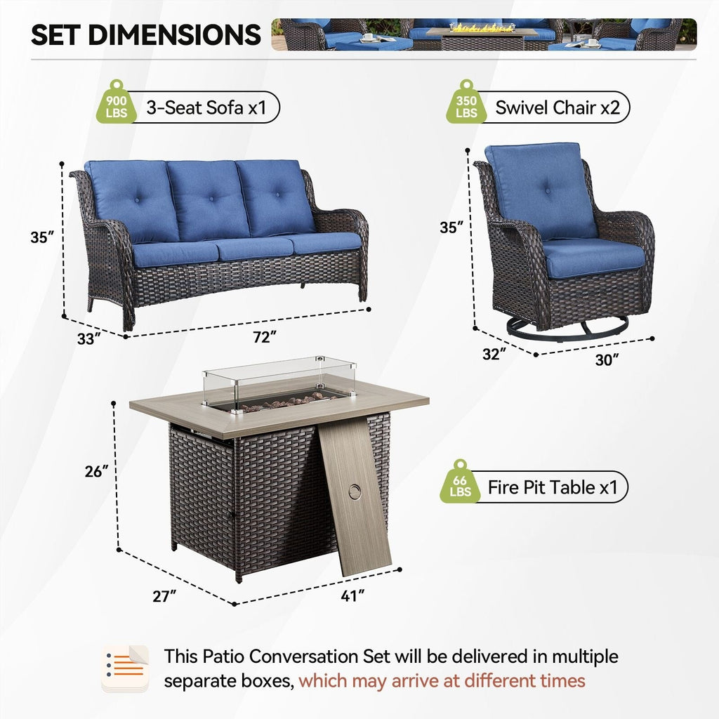 Ensemble de mobilier d'extérieur Gymojoy 4 pièces, 2 fauteuils pivotants, un canapé 3 places et une table avec foyer de 55 000 BTU