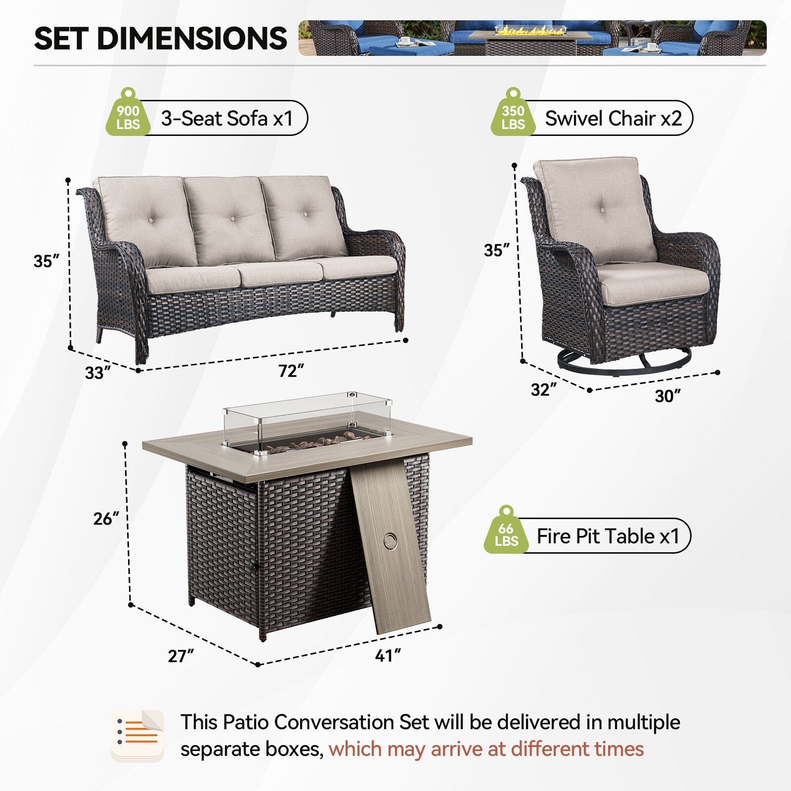 Ensemble de mobilier d'extérieur Gymojoy 4 pièces, 2 fauteuils pivotants, un canapé 3 places et une table avec foyer de 55 000 BTU