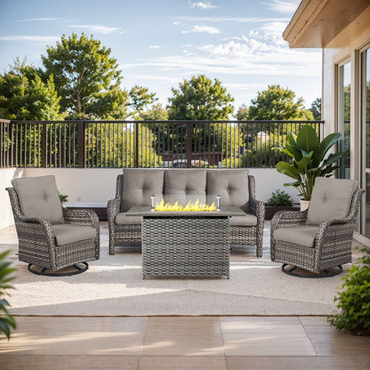 Ensemble de mobilier d'extérieur Gymojoy 4 pièces, 2 fauteuils pivotants, un canapé 3 places et une table avec foyer de 55 000 BTU