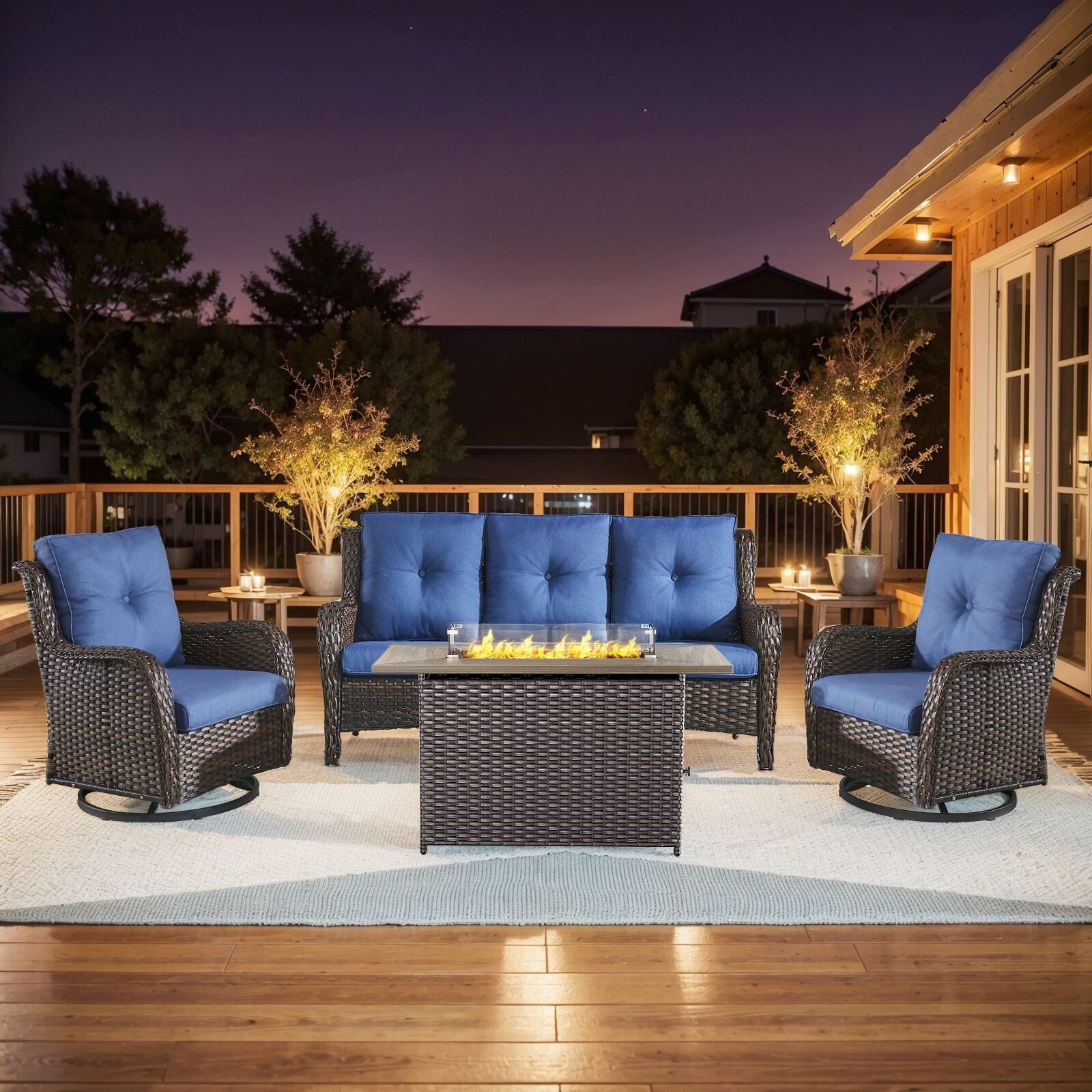 Ensemble de mobilier d'extérieur Gymojoy 4 pièces, 2 fauteuils pivotants, un canapé 3 places et une table avec foyer de 55 000 BTU