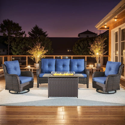 Ensemble de mobilier d'extérieur Gymojoy 4 pièces, 2 fauteuils pivotants, un canapé 3 places et une table avec foyer de 55 000 BTU