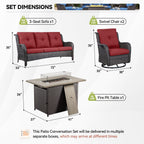Ensemble de mobilier d'extérieur Gymojoy 4 pièces, 2 fauteuils pivotants, un canapé 3 places et une table avec foyer de 55 000 BTU