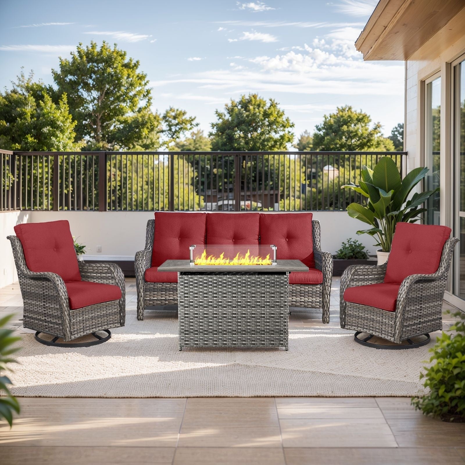 Ensemble de mobilier d'extérieur Gymojoy 4 pièces, 2 fauteuils pivotants, un canapé 3 places et une table avec foyer de 55 000 BTU