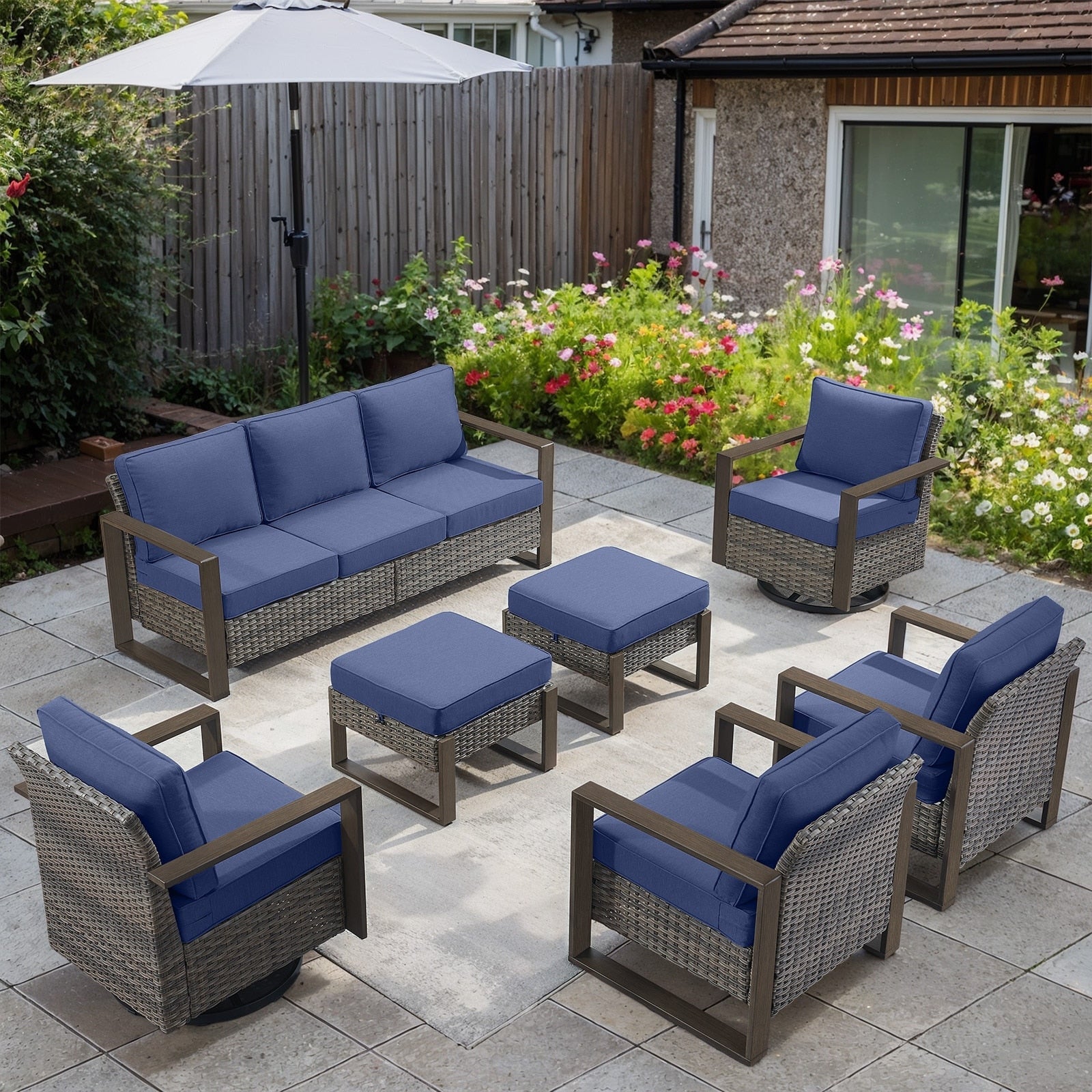 Ensemble de salon de jardin Gymojoy 7 pièces avec fauteuil à bascule pivotant en rotin et poufs