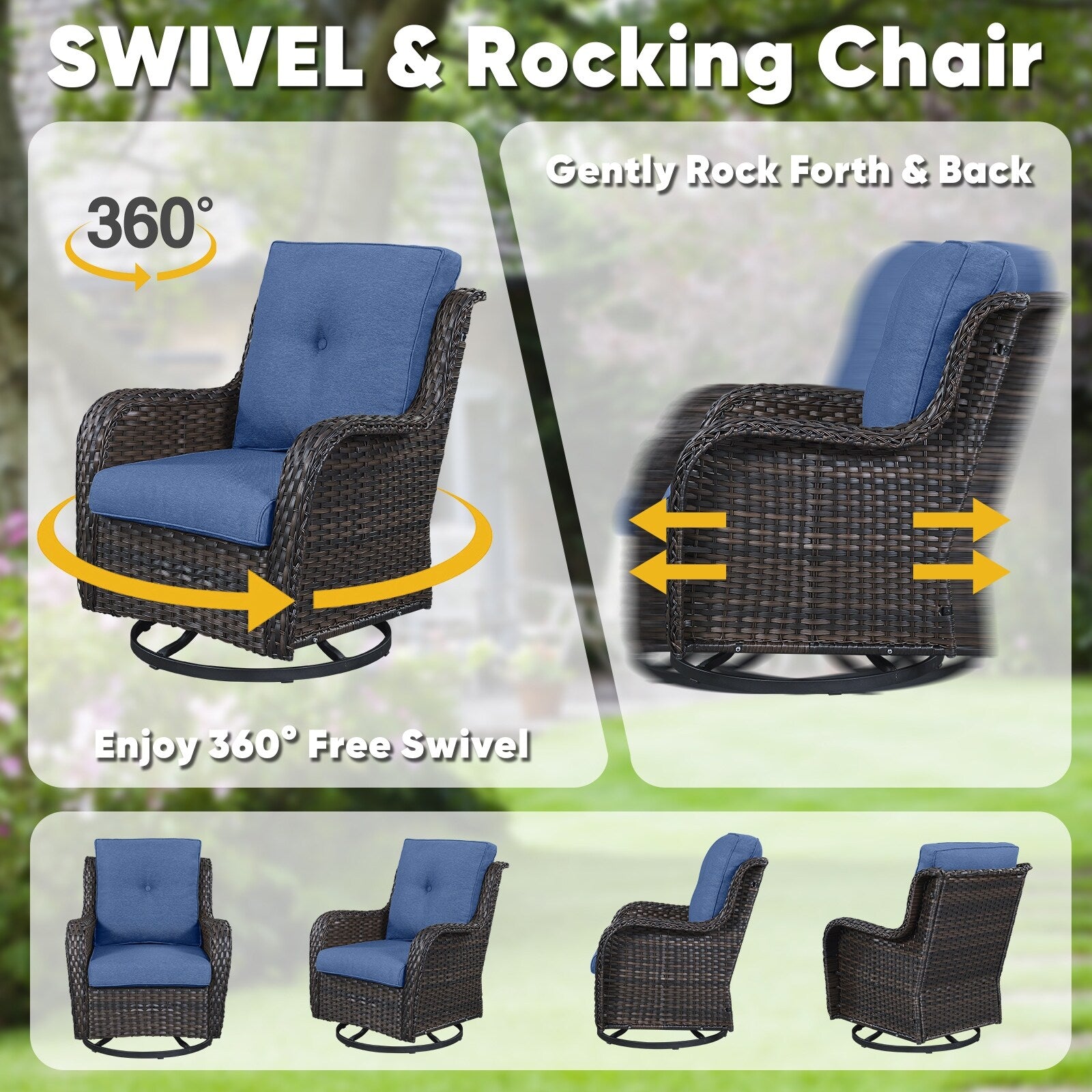 Ensemble de 3 chaises pivotantes et table d'extérieur en osier et acier Gymojoy