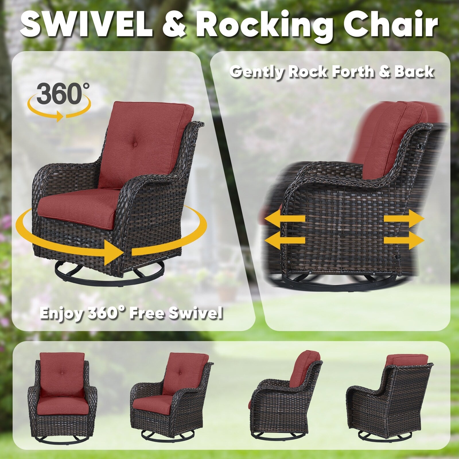Ensemble de 3 chaises pivotantes et table d'extérieur en osier et acier Gymojoy