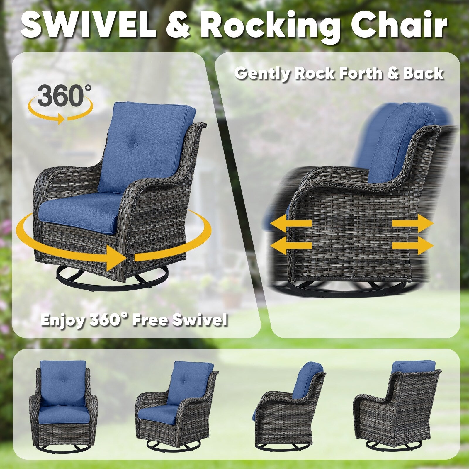 Ensemble de 3 chaises pivotantes et table d'extérieur en osier et acier Gymojoy