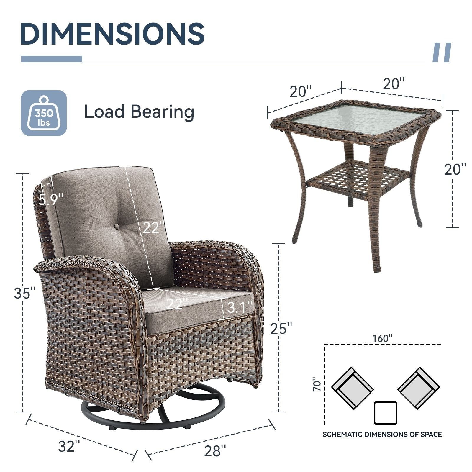 Ensemble de 3 meubles d'extérieur avec table et chaises pivotantes Gymojoy