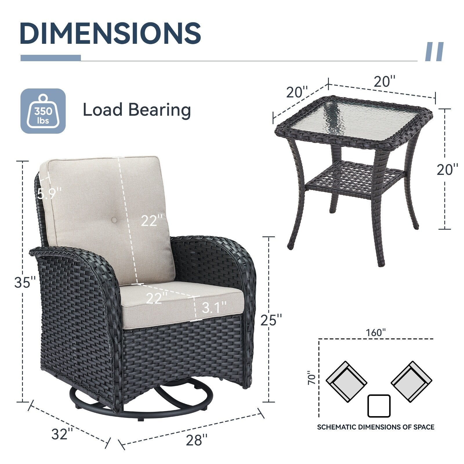 Ensemble de 3 meubles d'extérieur avec table et chaises pivotantes Gymojoy