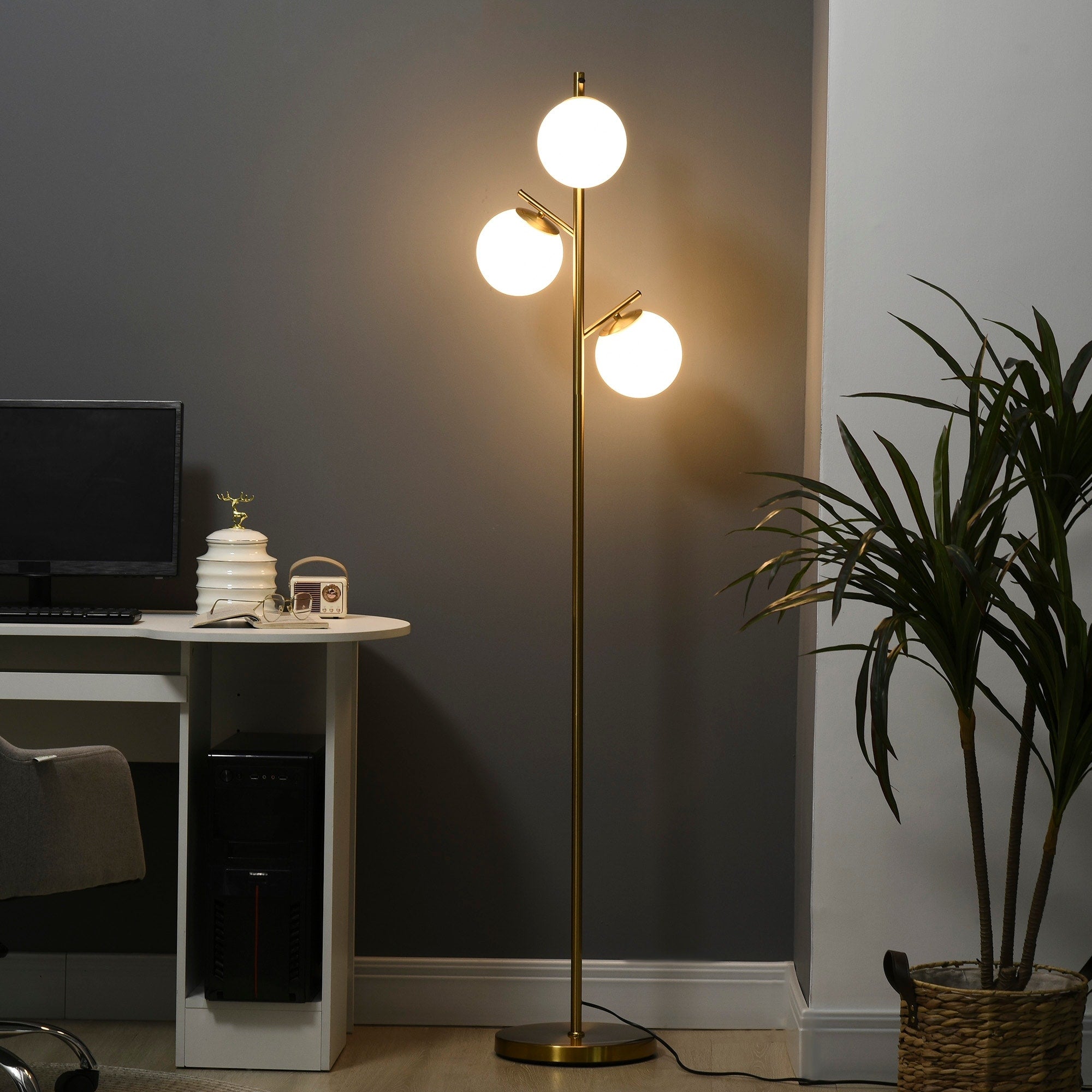 Lampadaire moderne HOMCOM à 3 lampes pour salon, lampadaire arbre pour chambre avec abat-jour globe, base en acier, doré