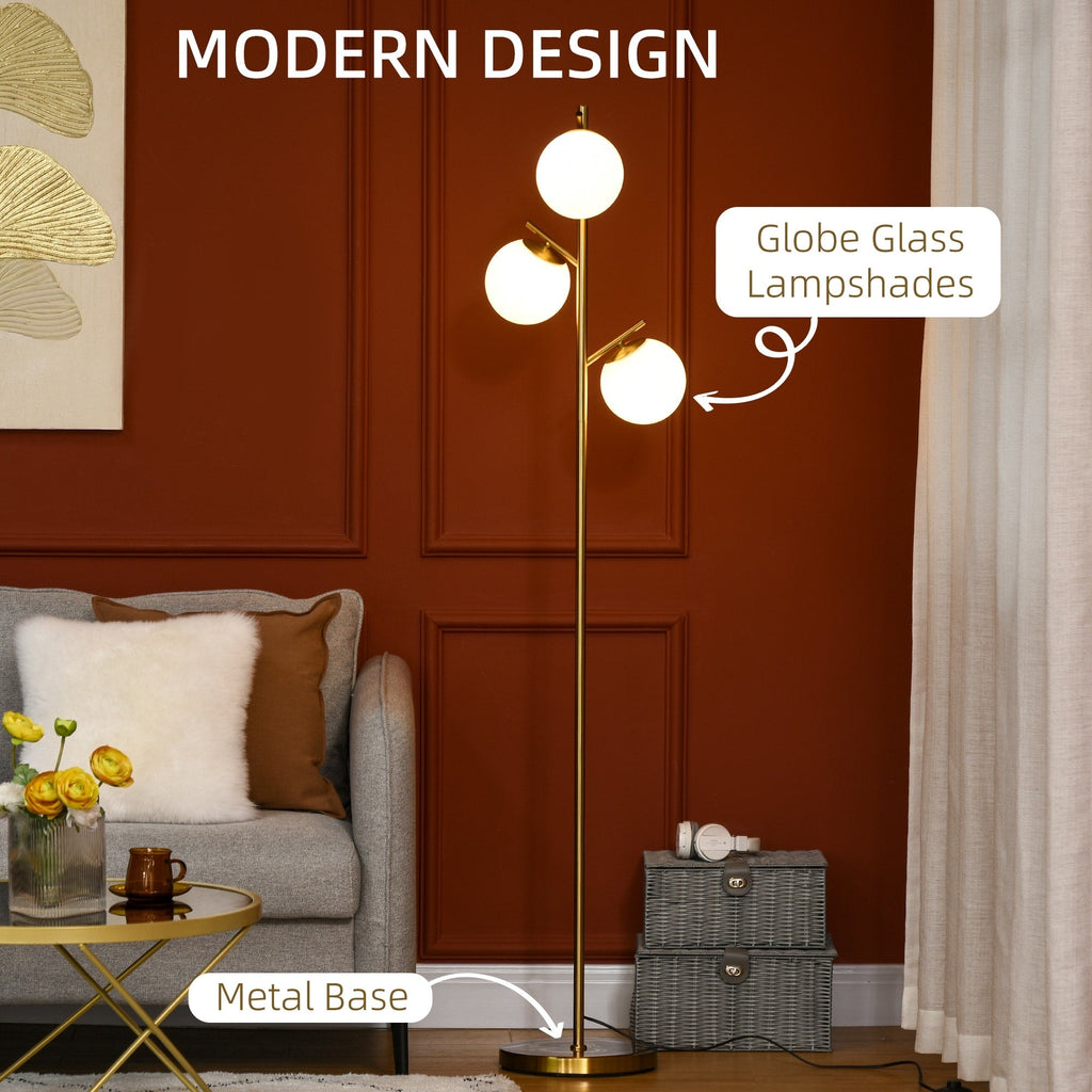 Lampadaire moderne HOMCOM à 3 lampes pour salon, lampadaire arbre pour chambre avec abat-jour globe, base en acier, doré