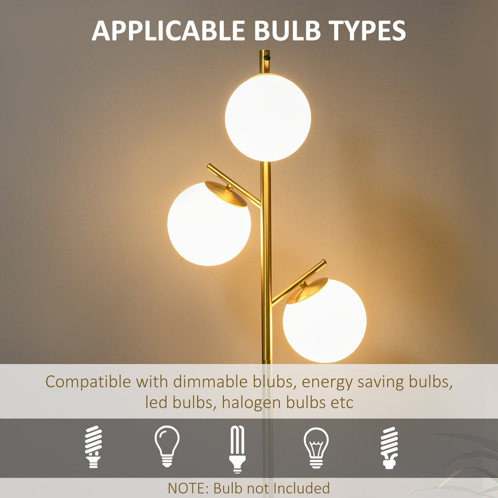 Lampadaire moderne HOMCOM à 3 lampes pour salon, lampadaire arbre pour chambre avec abat-jour globe, base en acier, doré