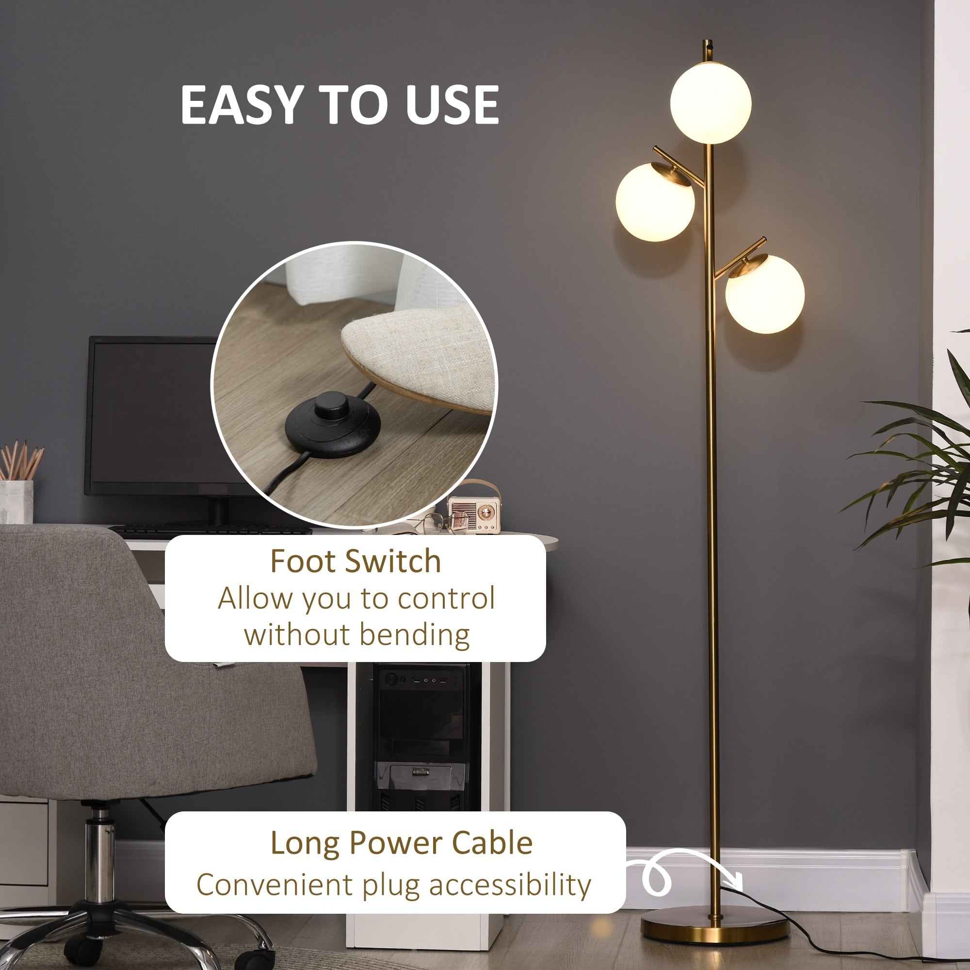 Lampadaire moderne HOMCOM à 3 lampes pour salon, lampadaire arbre pour chambre avec abat-jour globe, base en acier, doré