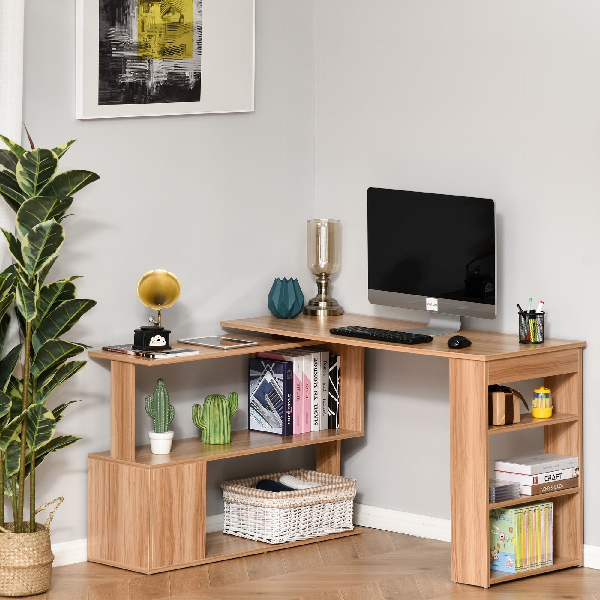 Bureau d'ordinateur rotatif moderne en L avec étagères HomCom