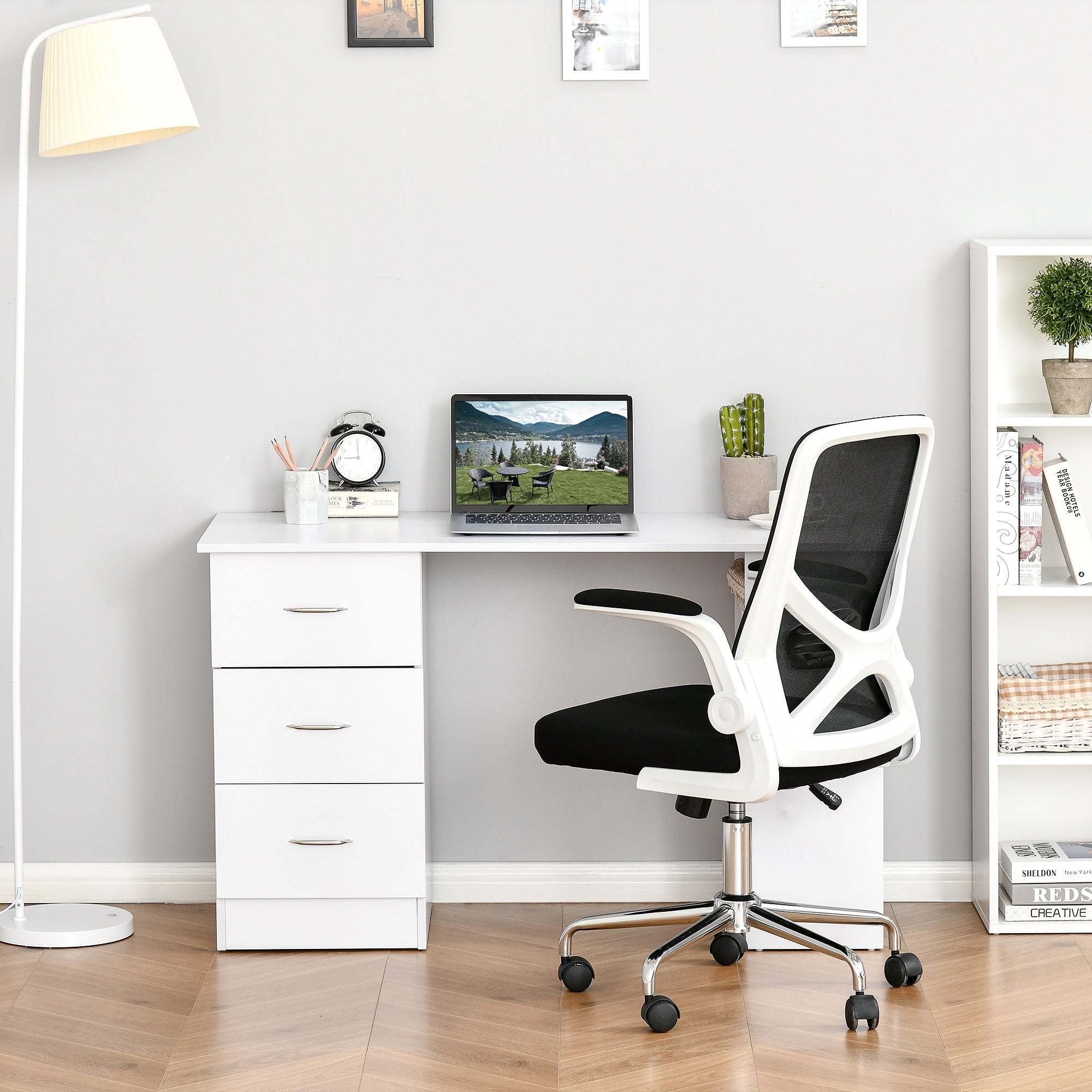 Bureau d'ordinateur moderne HOMCOM 47, bibliothèque, table d'écriture, station de travail avec 3 tiroirs et étagère de rangement - Blanc
