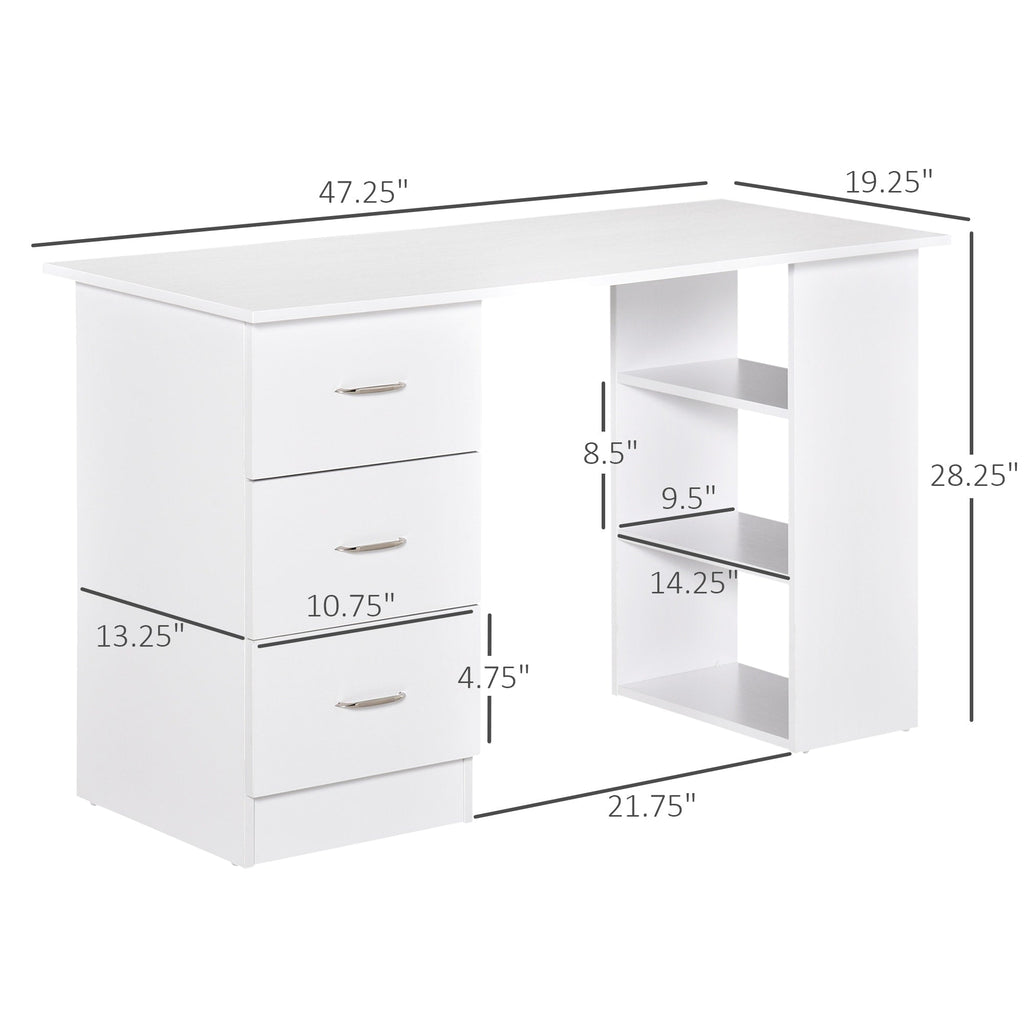 Bureau d'ordinateur moderne HOMCOM 47, bibliothèque, table d'écriture, station de travail avec 3 tiroirs et étagère de rangement - Blanc