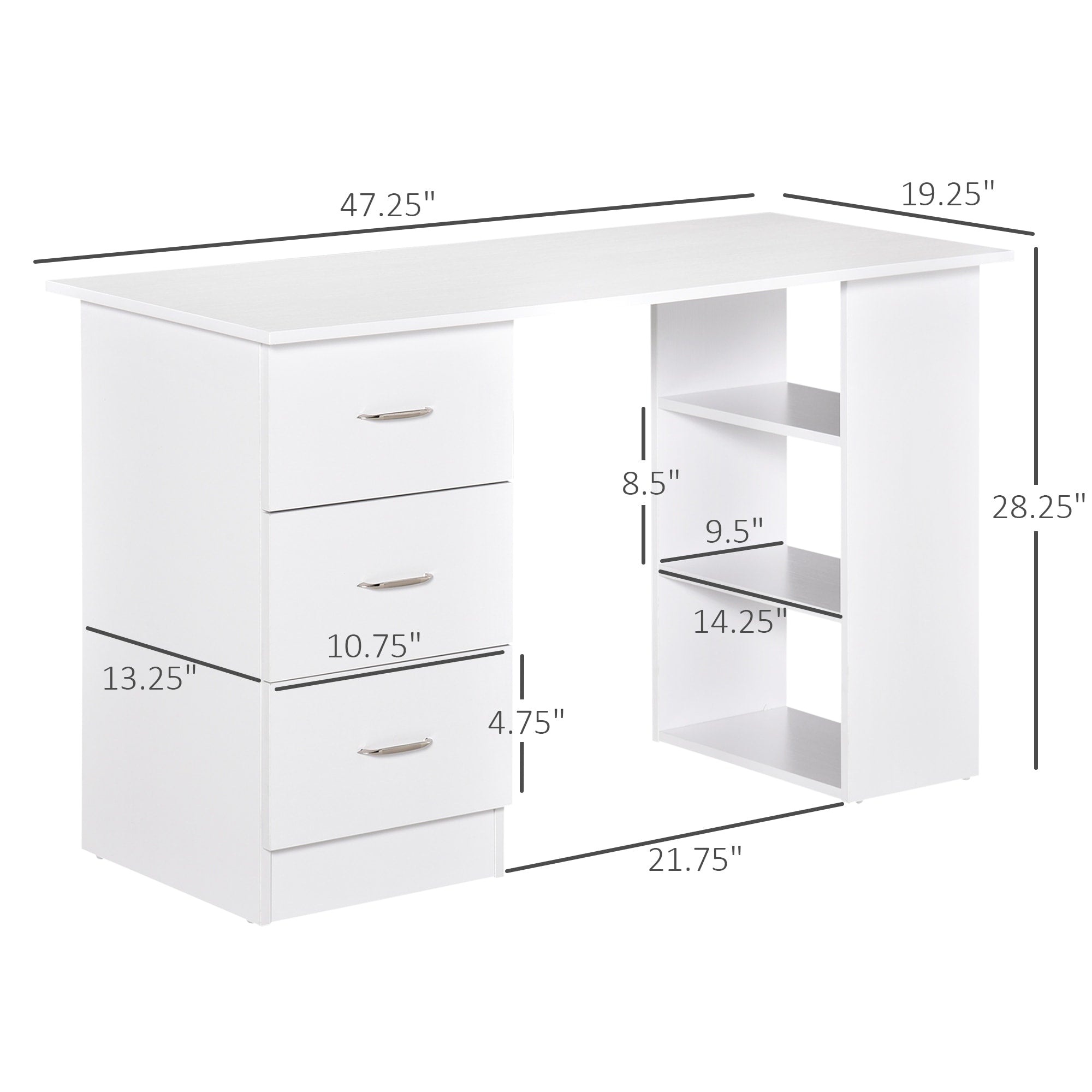 Bureau d'ordinateur moderne HOMCOM 47, bibliothèque, table d'écriture, station de travail avec 3 tiroirs et étagère de rangement - Blanc