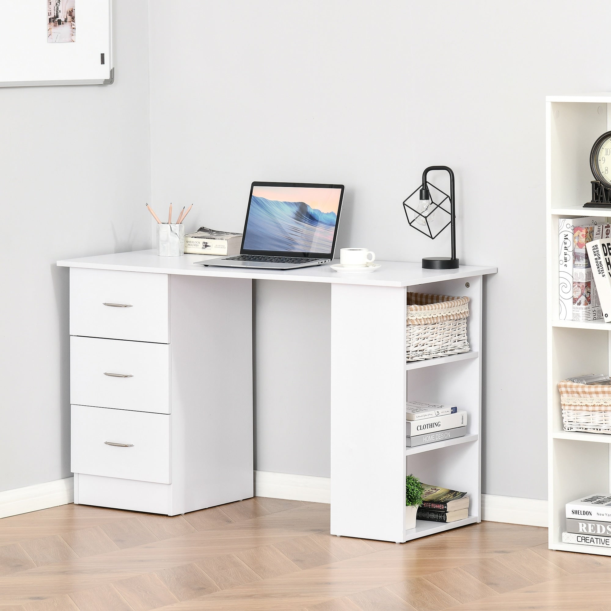 Bureau d'ordinateur moderne HOMCOM 47, bibliothèque, table d'écriture, station de travail avec 3 tiroirs et étagère de rangement - Blanc