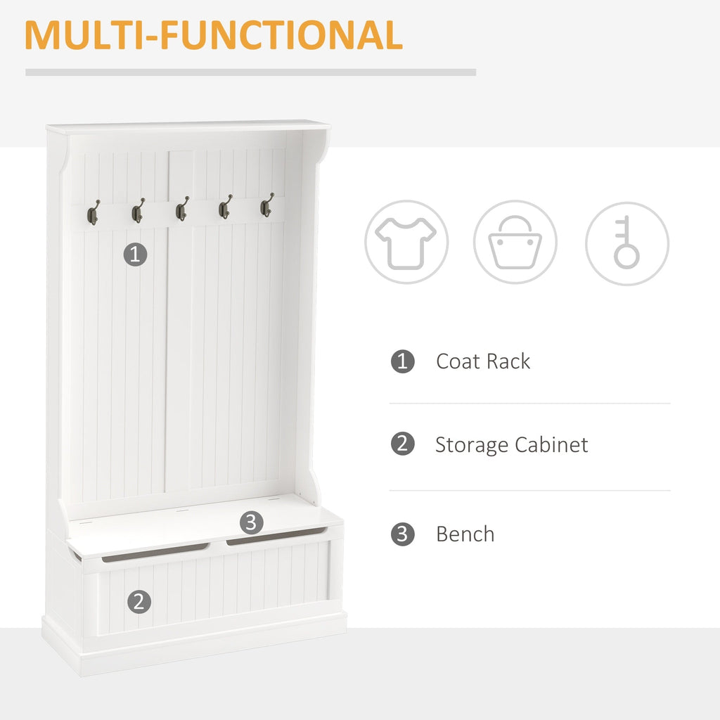 HOMCOM 71 3-In-1 Hall Tree Storage Bench and Coat Rack with 5 Steel Double Hooks, and Anti-Topple Anchor for Entryway