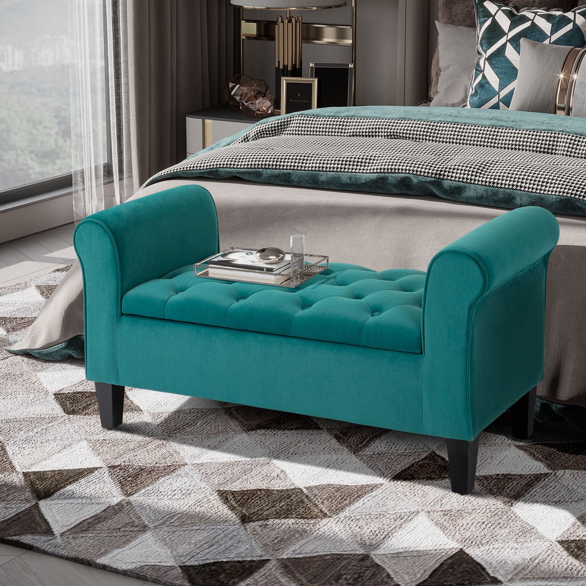 Banc ottoman de rangement capitonné HOMCOM, banc de lit rembourré avec accoudoirs roulés pour chambre, salon ou couloir