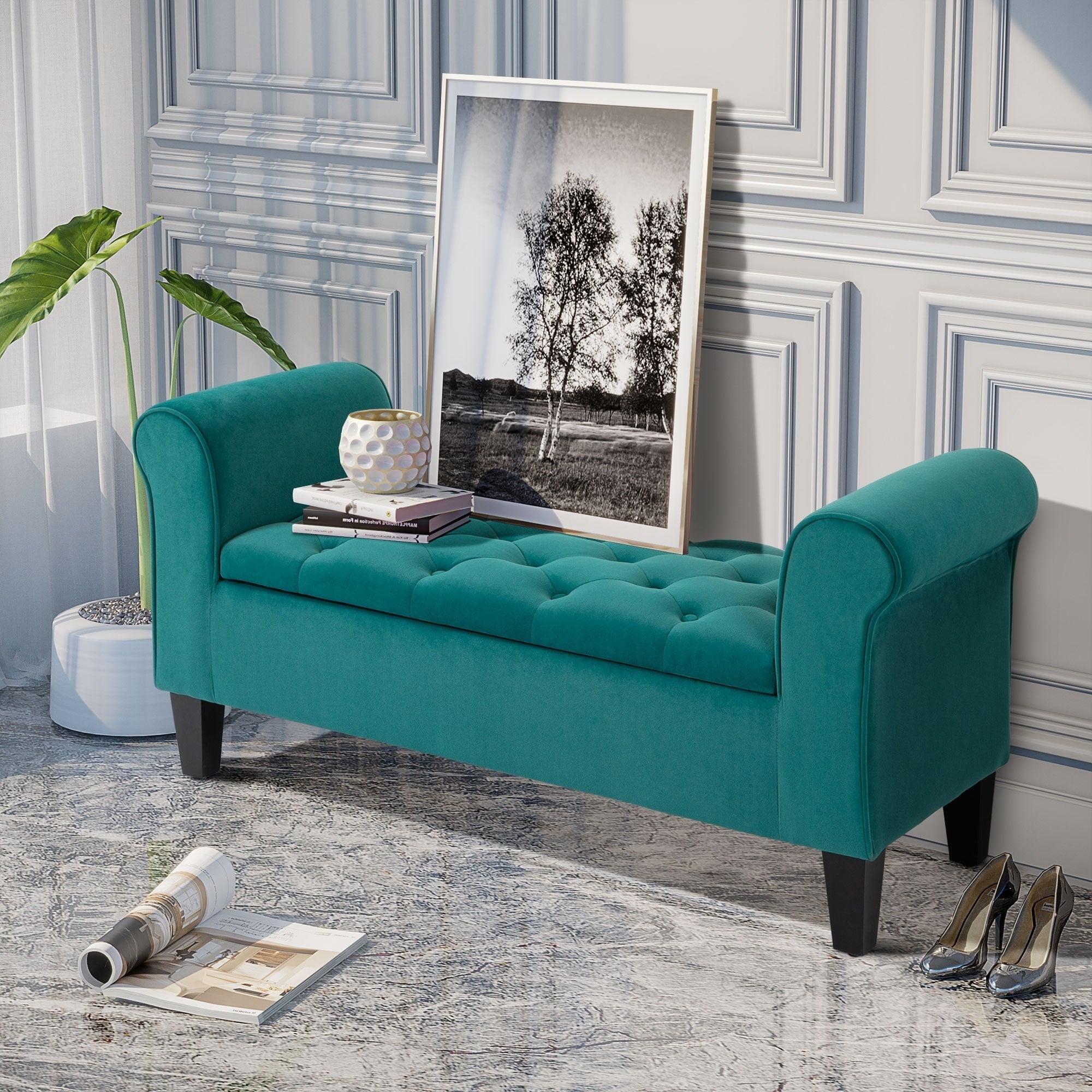 HOMCOM Button-Tufted Storage Ottoman Bench, Upholstered Bed Bench with Rolled Armrests for Bedroom, Living Room or Hallway