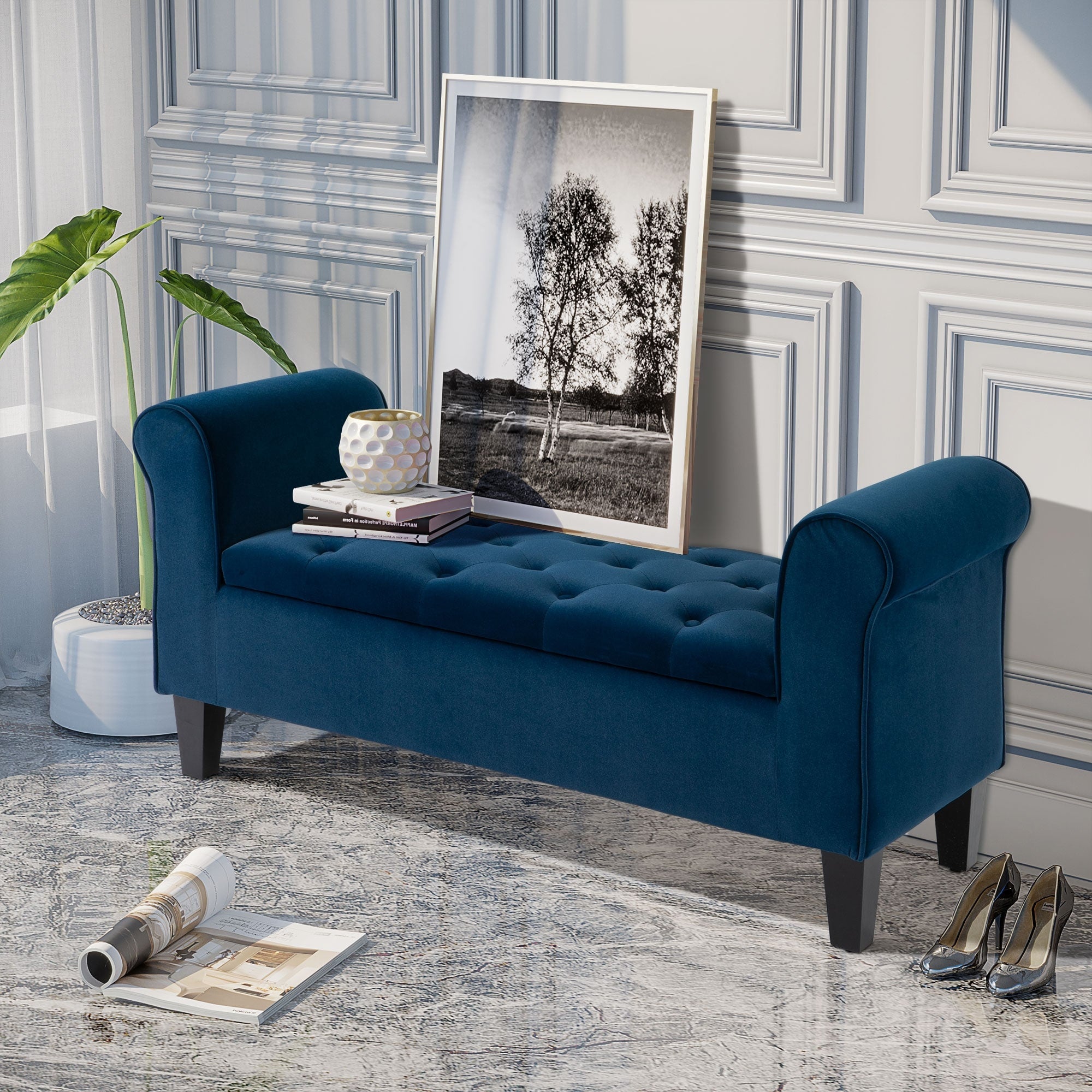 Banc ottoman de rangement capitonné HOMCOM, banc de lit rembourré avec accoudoirs roulés pour chambre, salon ou couloir