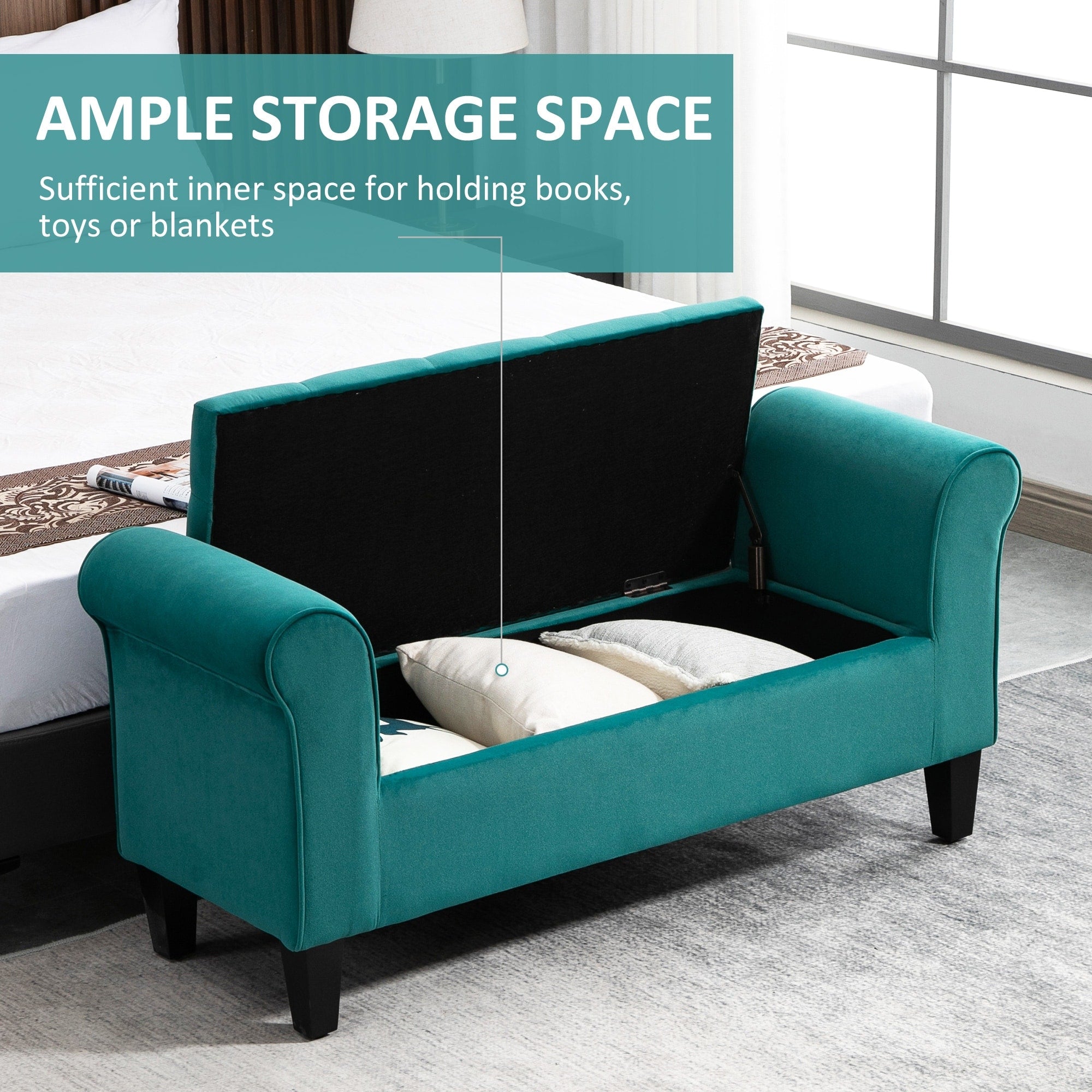 Banc ottoman de rangement capitonné HOMCOM, banc de lit rembourré avec accoudoirs roulés pour chambre, salon ou couloir