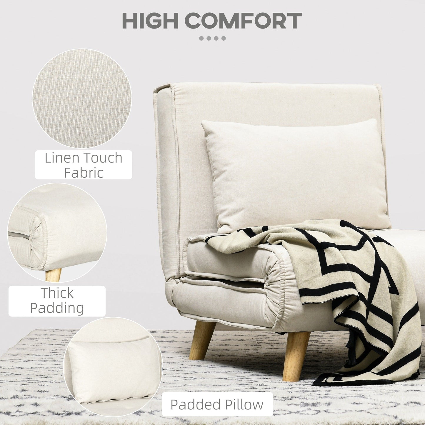 Fauteuil convertible HOMCOM, canapé-lit multifonctionnel 2 en 1, fauteuil-lit avec dossier réglable pour salon, beige