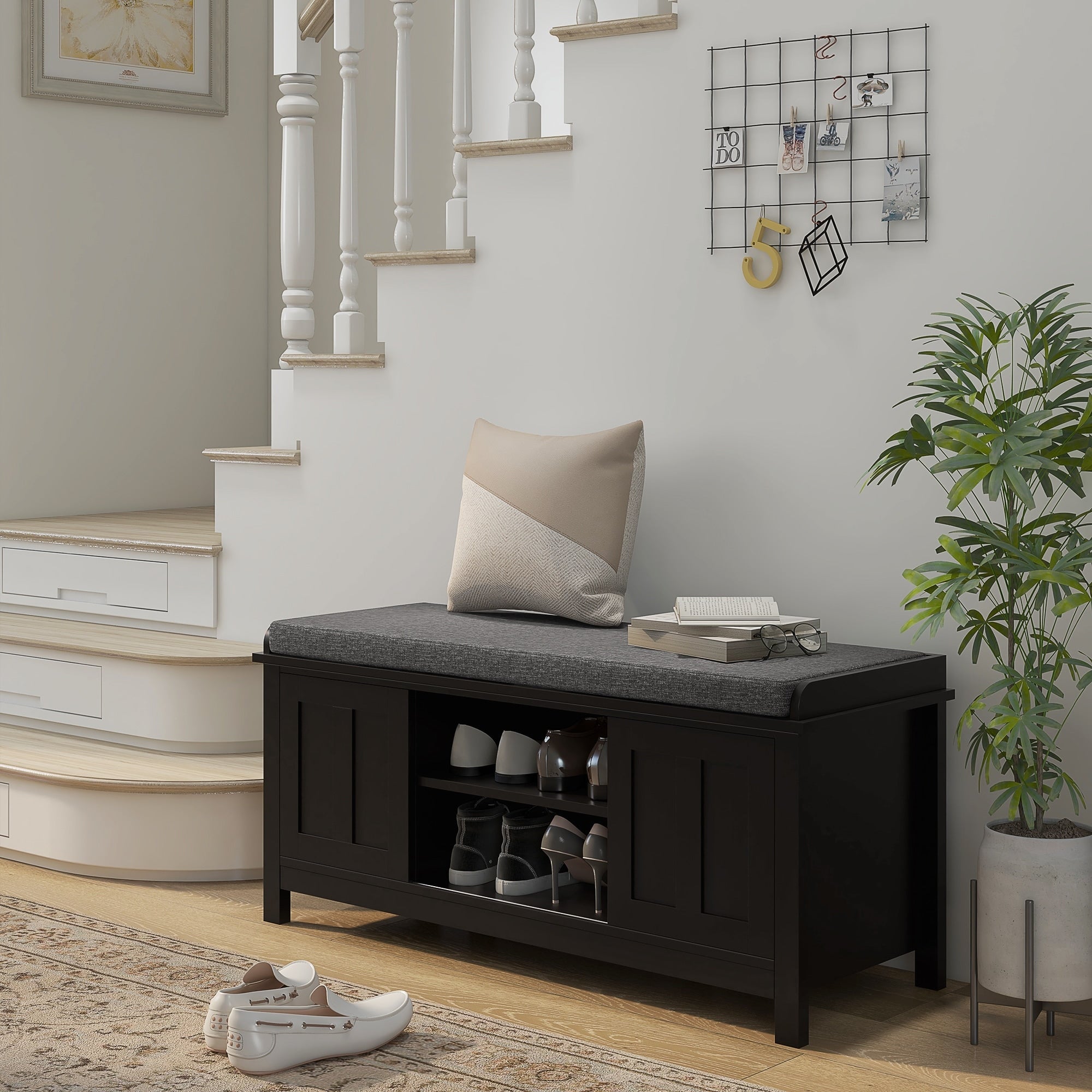 Banc à chaussures d'entrée HOMCOM avec rangement ottoman et étagères réglables, 6 compartiments et siège rembourré, blanc/gris