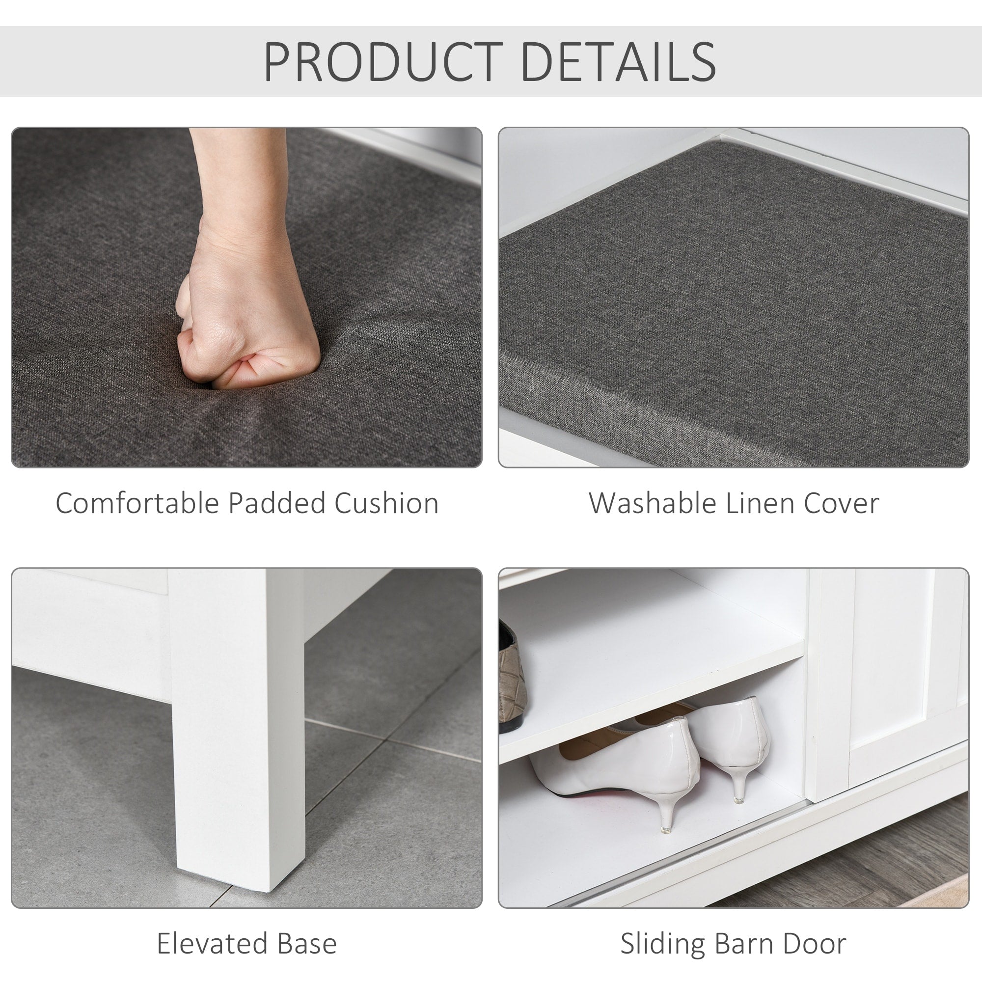 Banc à chaussures d'entrée HOMCOM avec rangement ottoman et étagères réglables, 6 compartiments et siège rembourré, blanc/gris