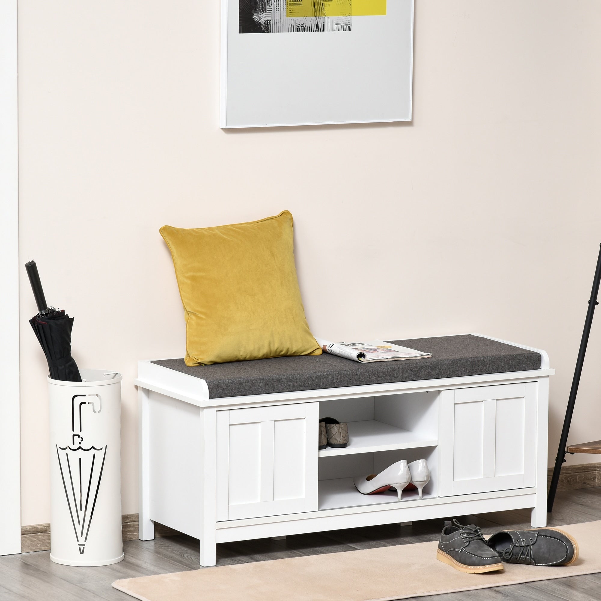 Banc à chaussures d'entrée HOMCOM avec rangement ottoman et étagères réglables, 6 compartiments et siège rembourré, blanc/gris