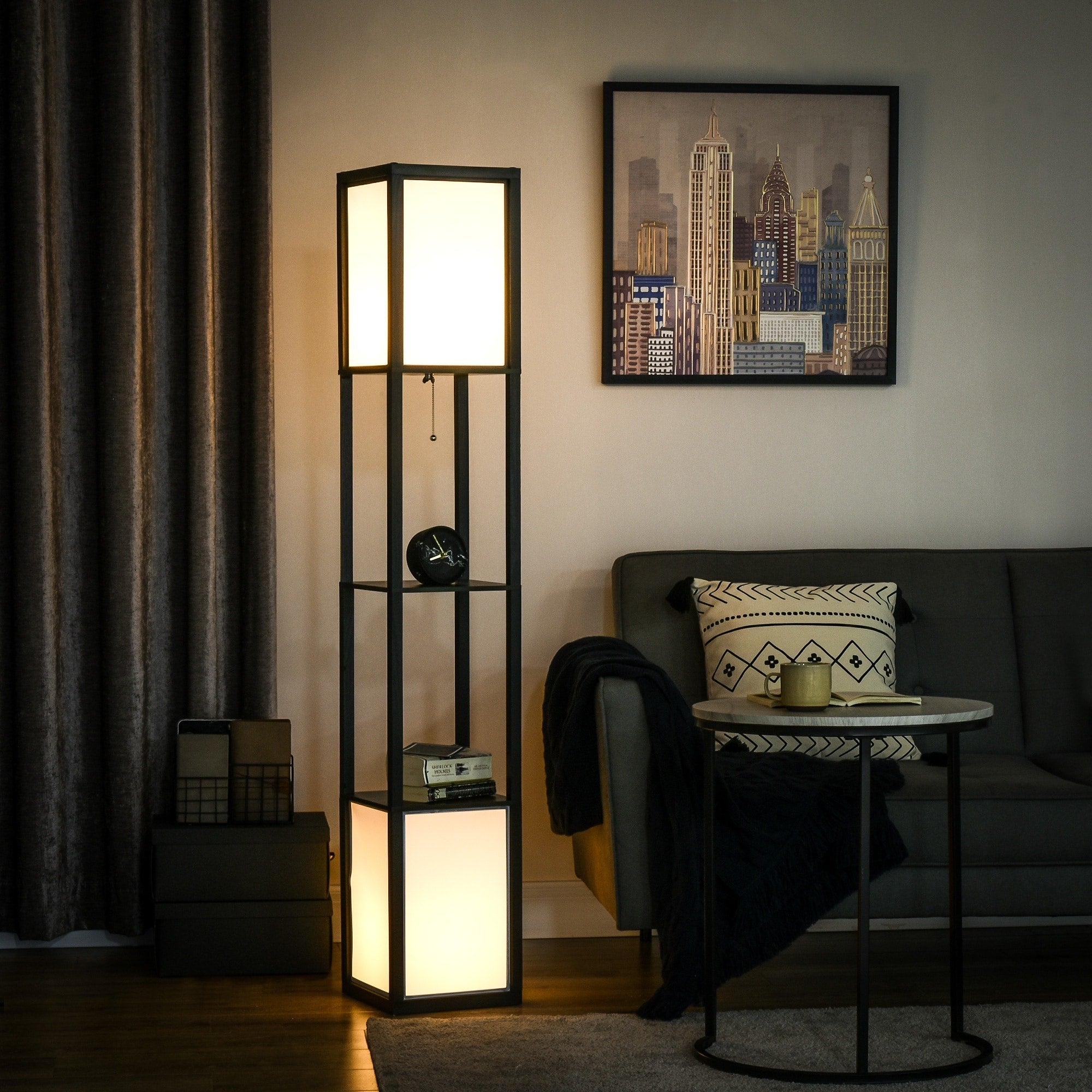 Lampadaire HOMCOM avec étagères, double éclairage, lampes sur pied hautes modernes, avec abat-jour en tissu (ampoule non incluse)