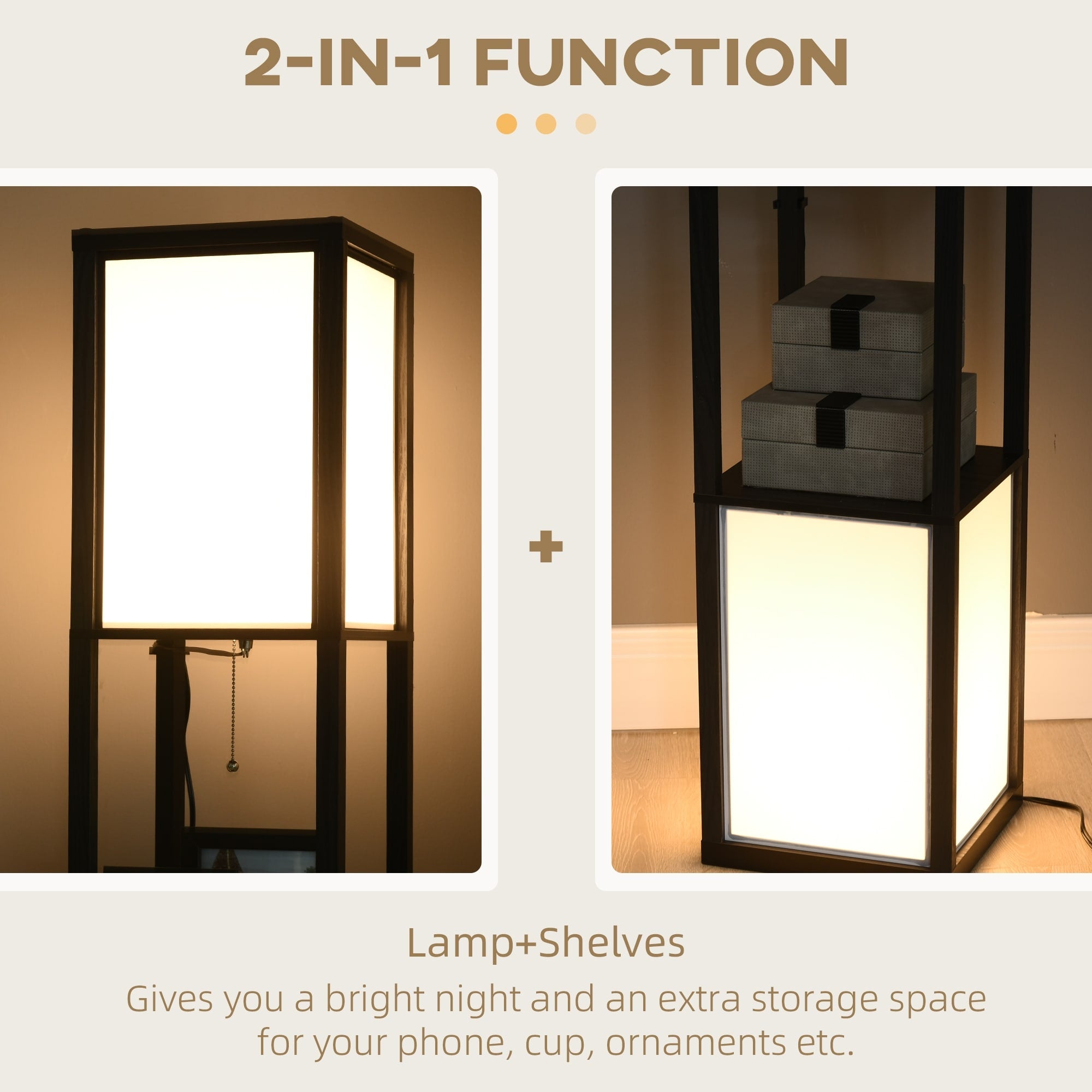 Lampadaire HOMCOM avec étagères, double éclairage, lampes sur pied hautes modernes, avec abat-jour en tissu (ampoule non incluse)