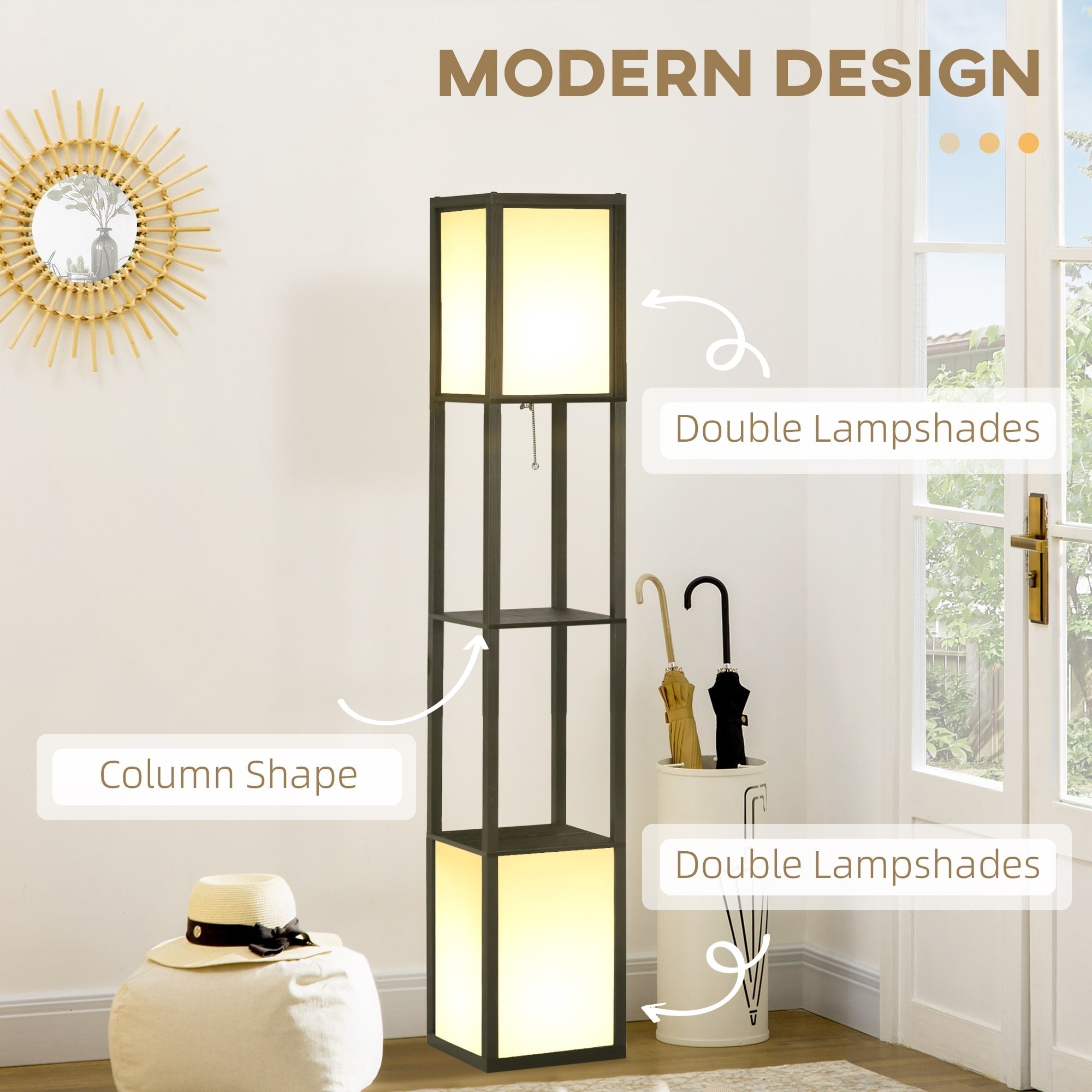 Lampadaire HOMCOM avec étagères, double éclairage, lampes sur pied hautes modernes, avec abat-jour en tissu (ampoule non incluse)