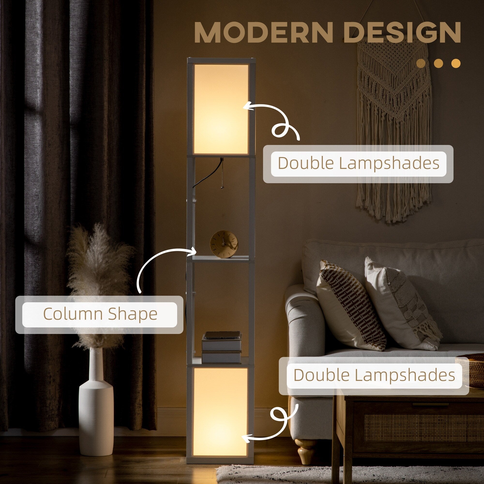 Lampadaire HOMCOM avec étagères, double éclairage, lampes sur pied hautes modernes, avec abat-jour en tissu (ampoule non incluse)