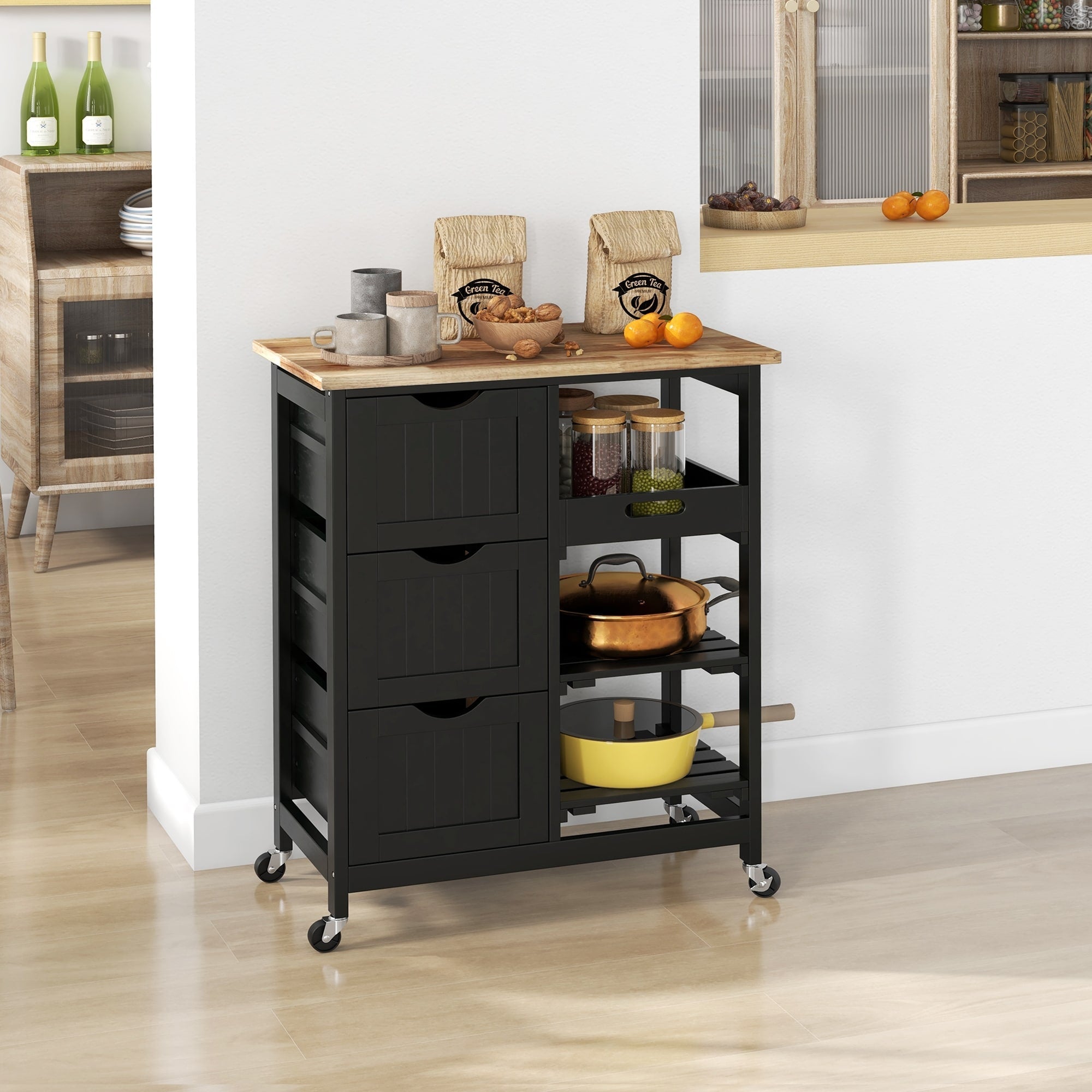 Desserte de cuisine à roulettes HOMCOM, desserte de bar, desserte compacte sur roulettes avec plateau en bois, étagères et tiroirs pour la salle à manger à domicile