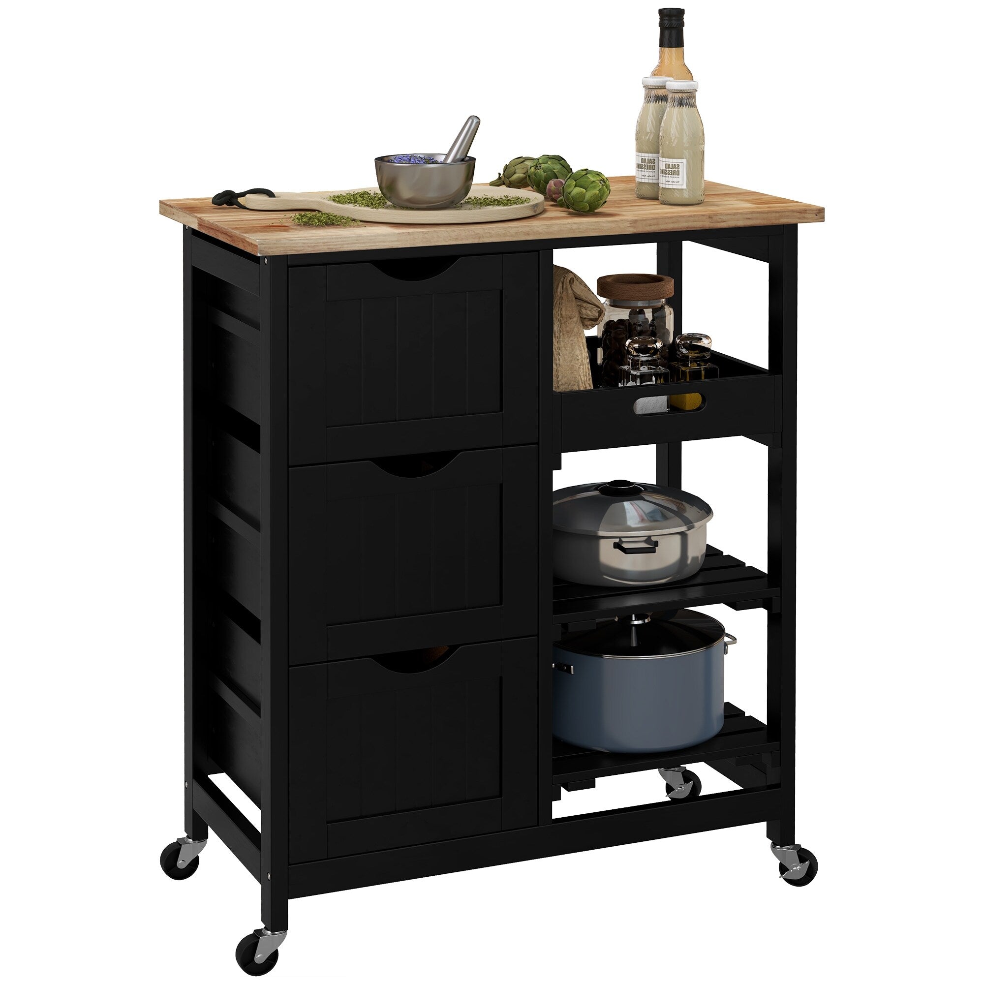 Desserte de cuisine à roulettes HOMCOM, desserte de bar, desserte compacte sur roulettes avec plateau en bois, étagères et tiroirs pour la salle à manger à domicile
