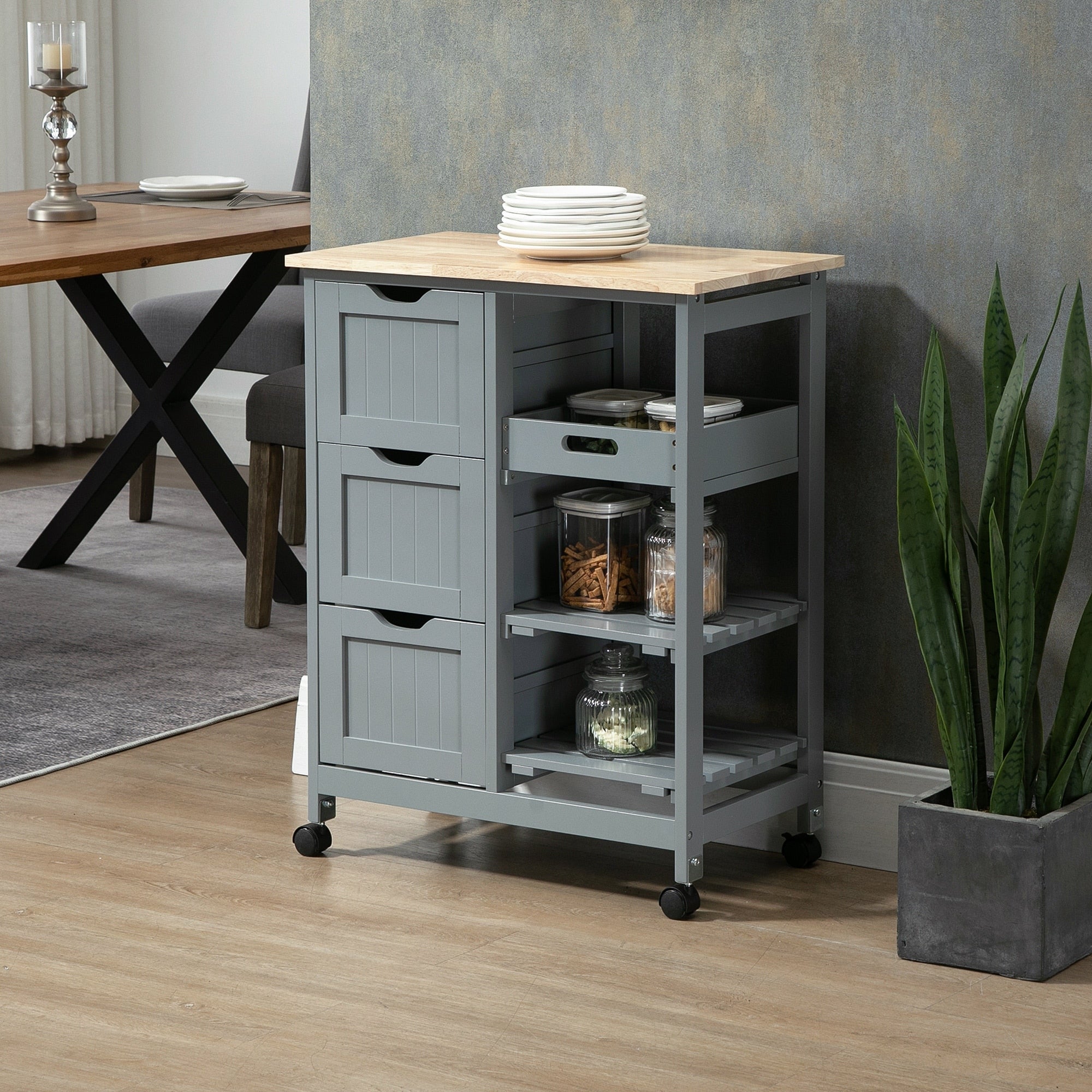 Desserte de cuisine à roulettes HOMCOM, desserte de bar, desserte compacte sur roulettes avec plateau en bois, étagères et tiroirs pour la salle à manger à domicile