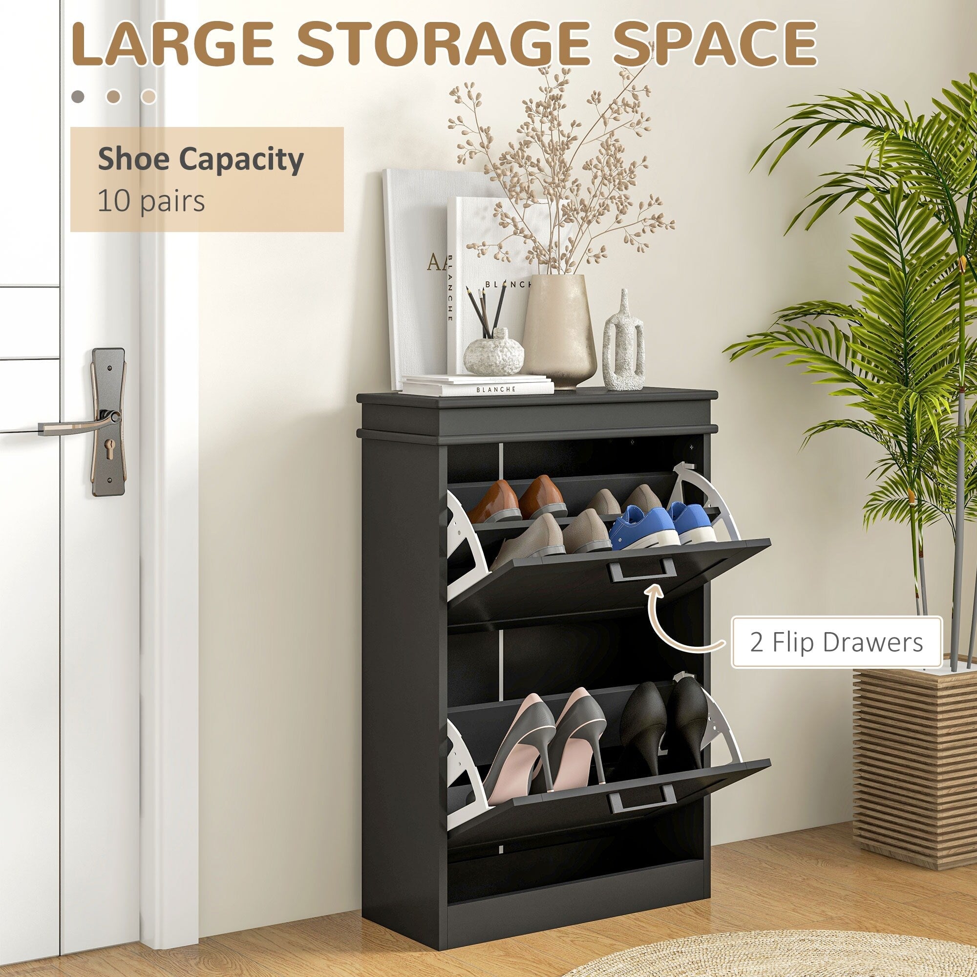 HOMCOM Shoe Cabinet for Entryway, Narrow Shoe Rack Storage Organizer with 2 Flip Drawers and Adjustable Shelves