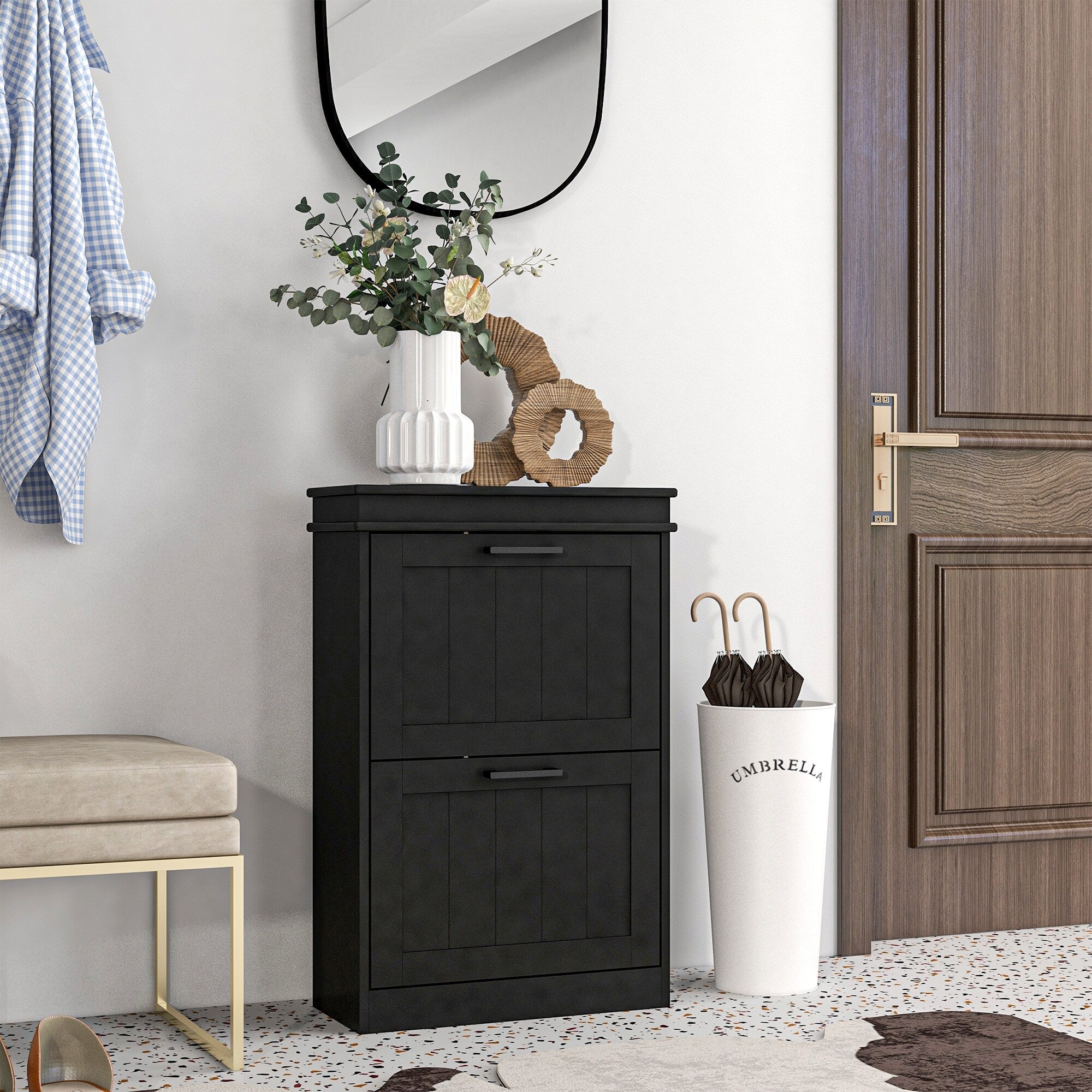 HOMCOM Shoe Cabinet for Entryway, Narrow Shoe Rack Storage Organizer with 2 Flip Drawers and Adjustable Shelves