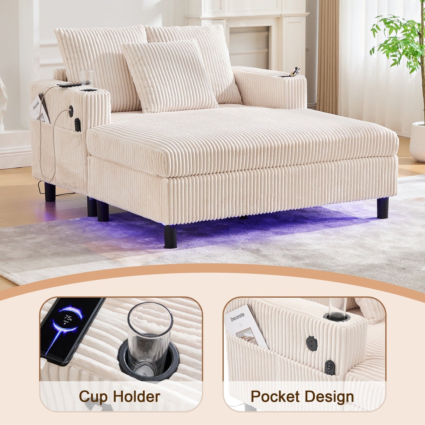 Canapé-lit inclinable surdimensionné HOMEFUN en velours côtelé avec éclairage LED RVB, porte-gobelet, port USB et 3 oreillers